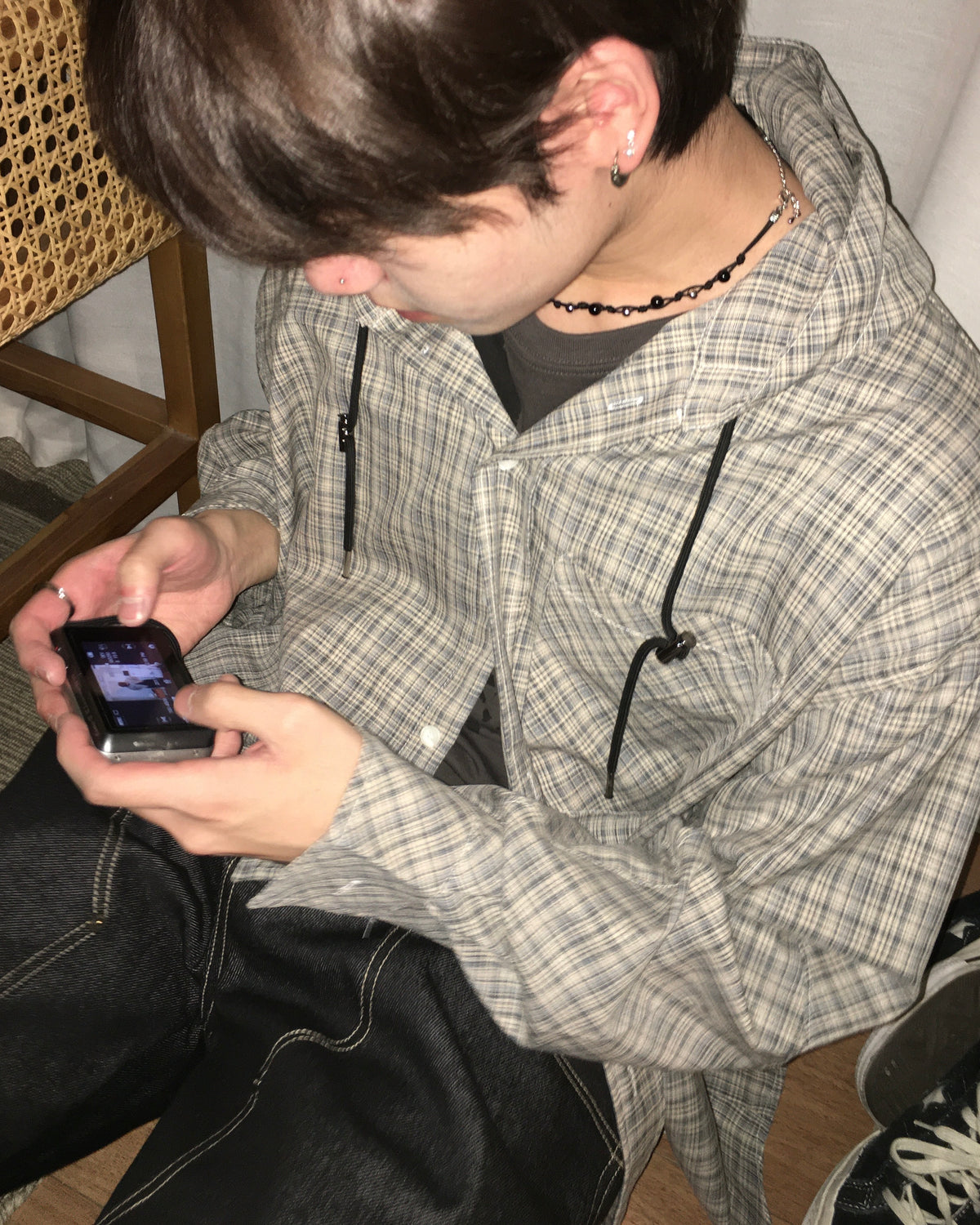 string checked hoodie shirt