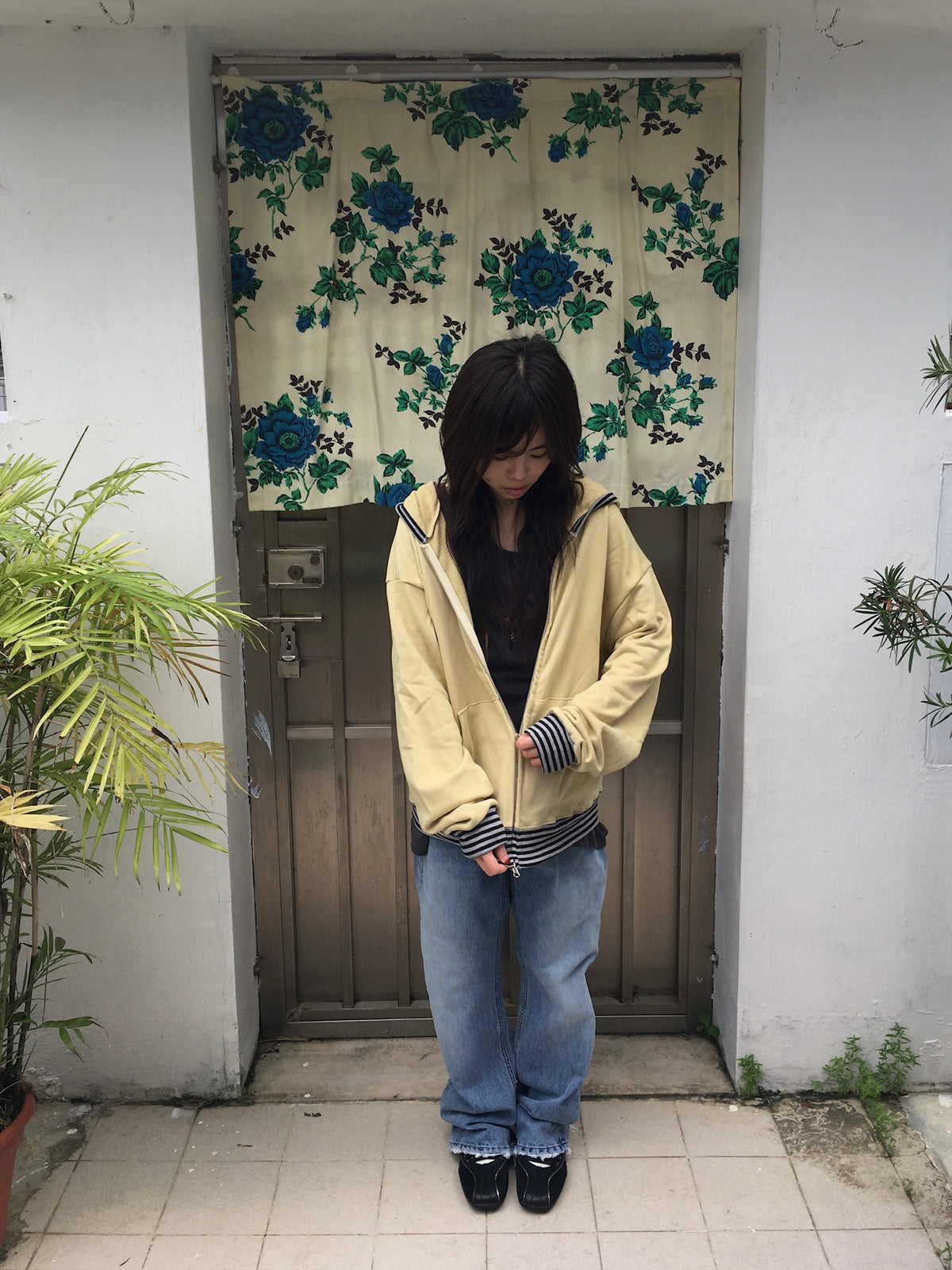 stripe trim hoodie zip up (yellow)
