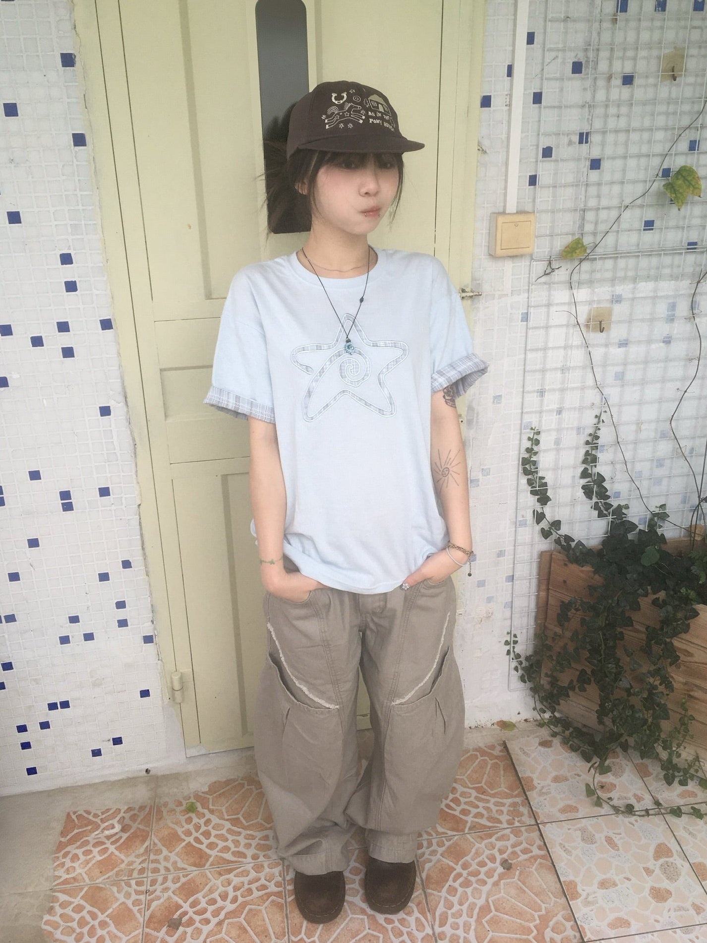 (★BEST) check star roll-up tee (sky blue)