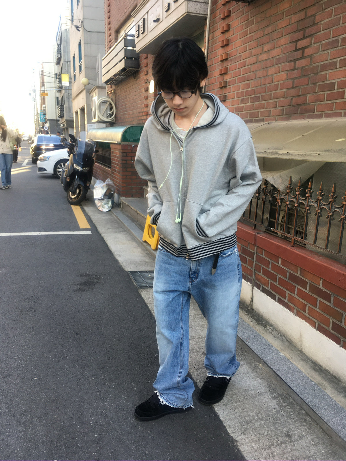 stripe trim hoodie zip up (grey)