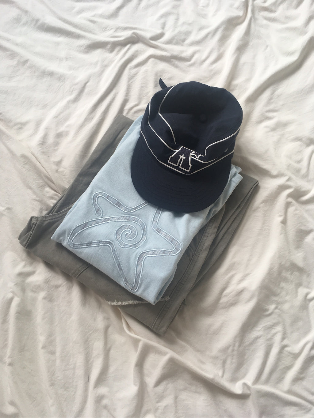 (★BEST) check star roll-up tee (sky blue)