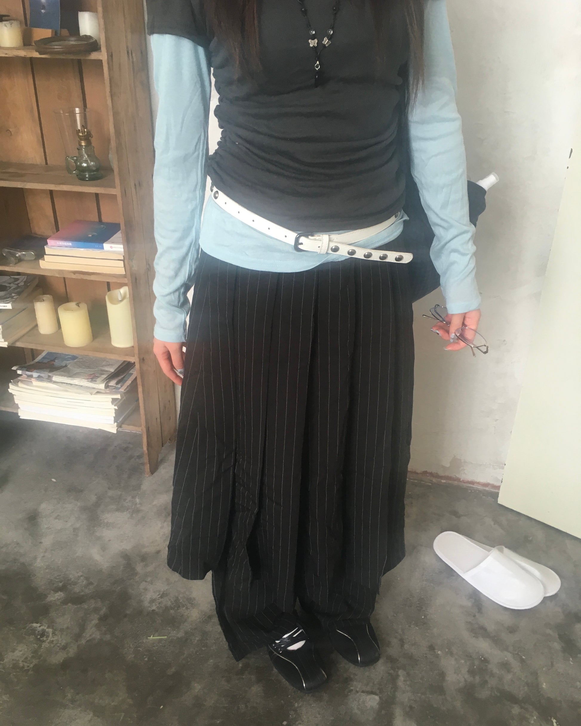 skirt stripe layered pants (black)