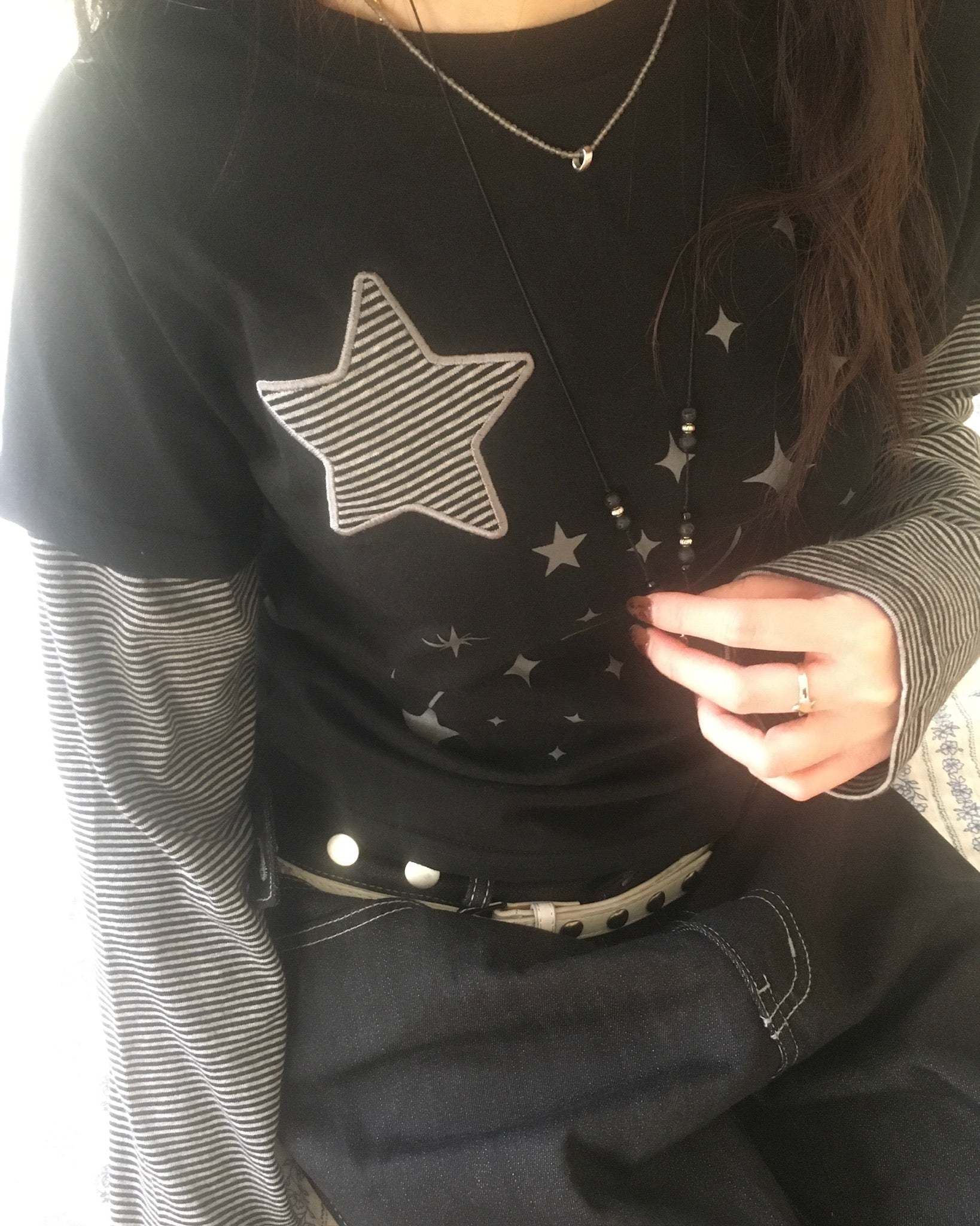 (★BEST) star stripe layered tee (black)