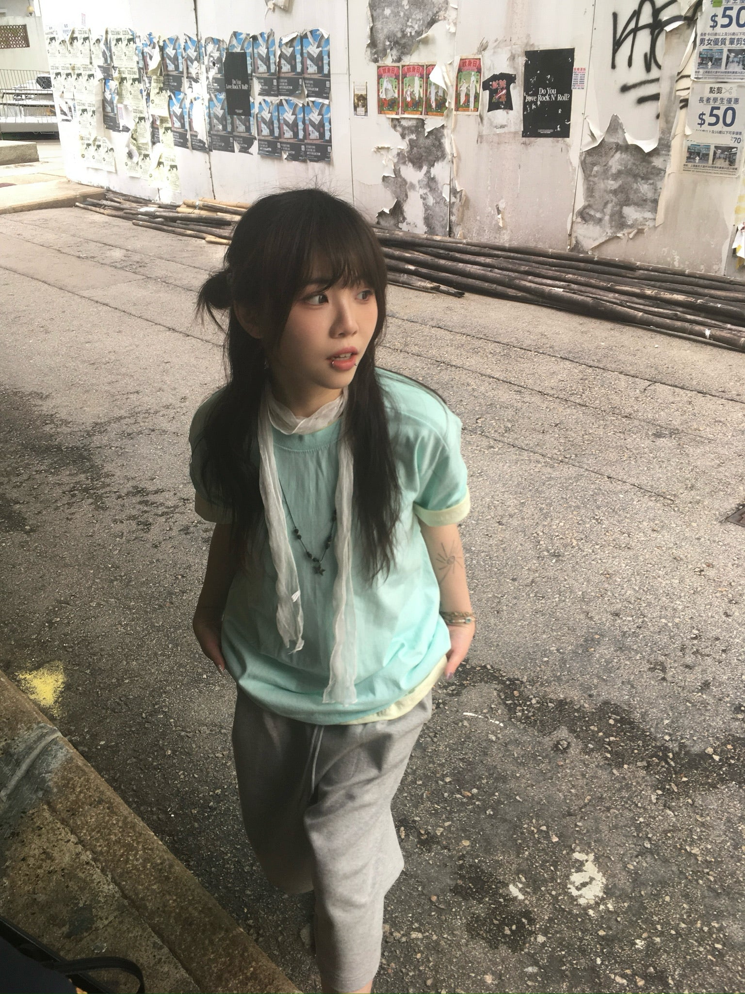 (★1+1) layered crop tee (mint+lemon)