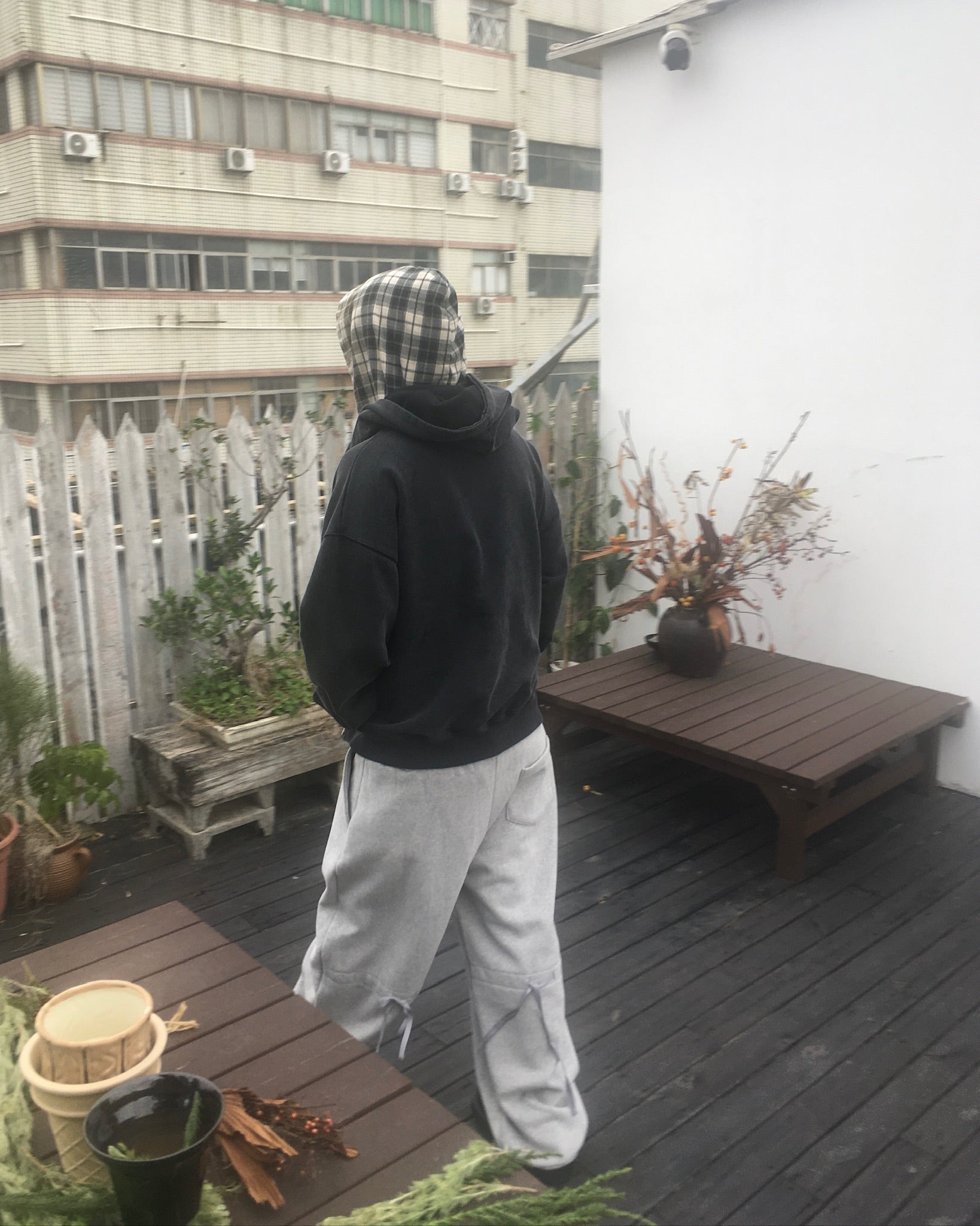 layered check zip-up hoodie