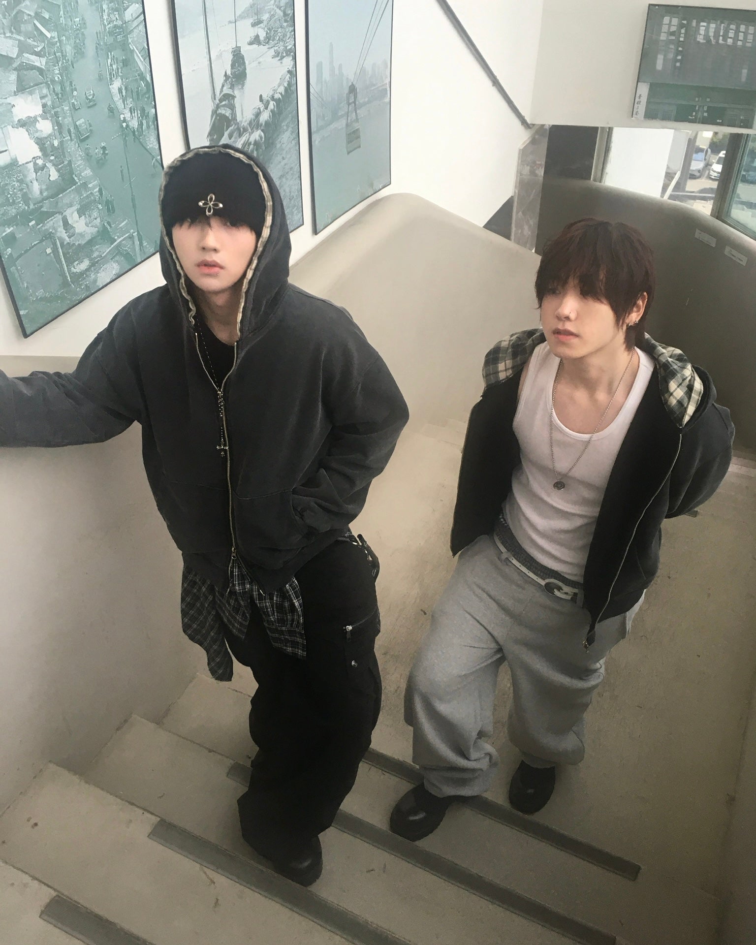 layered check zip-up hoodie