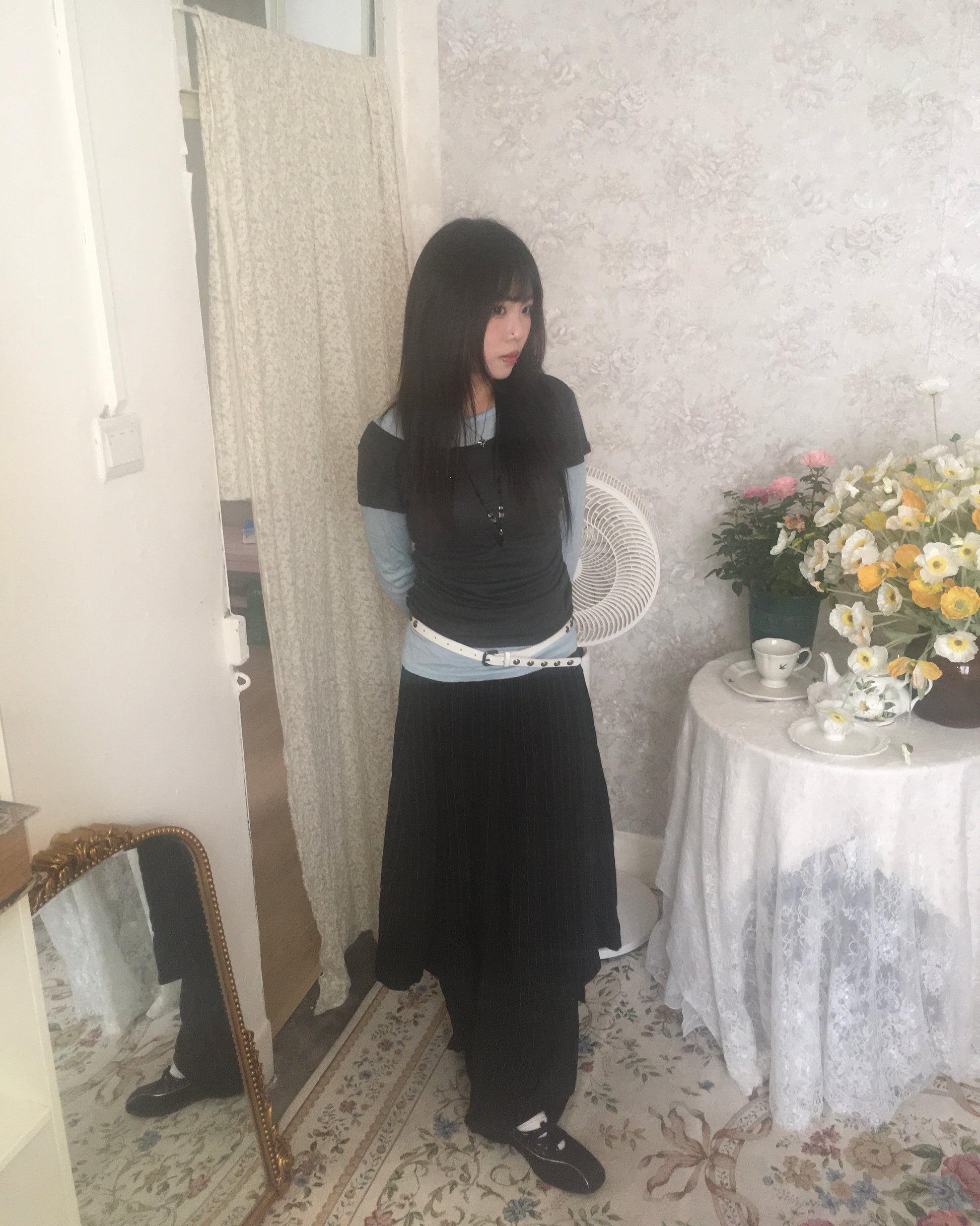 skirt stripe layered pants (black)