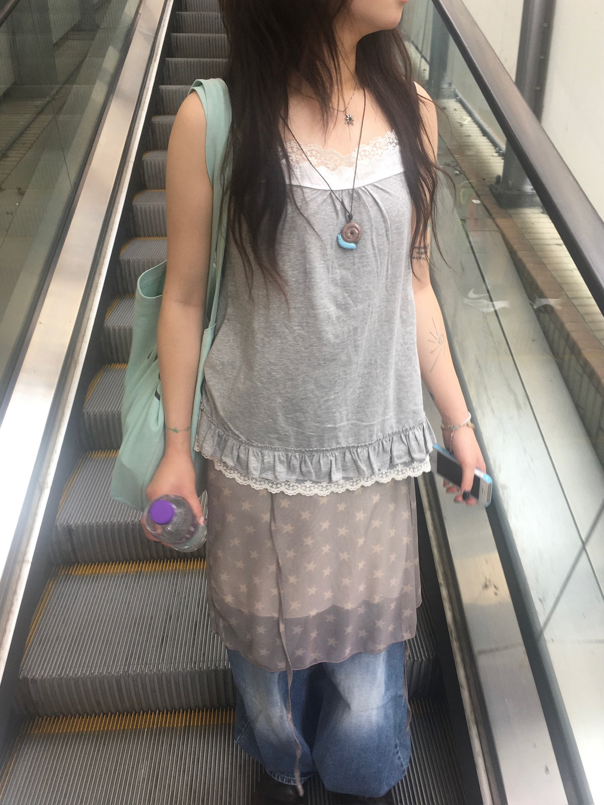 lace trim layer ruffle top (grey)