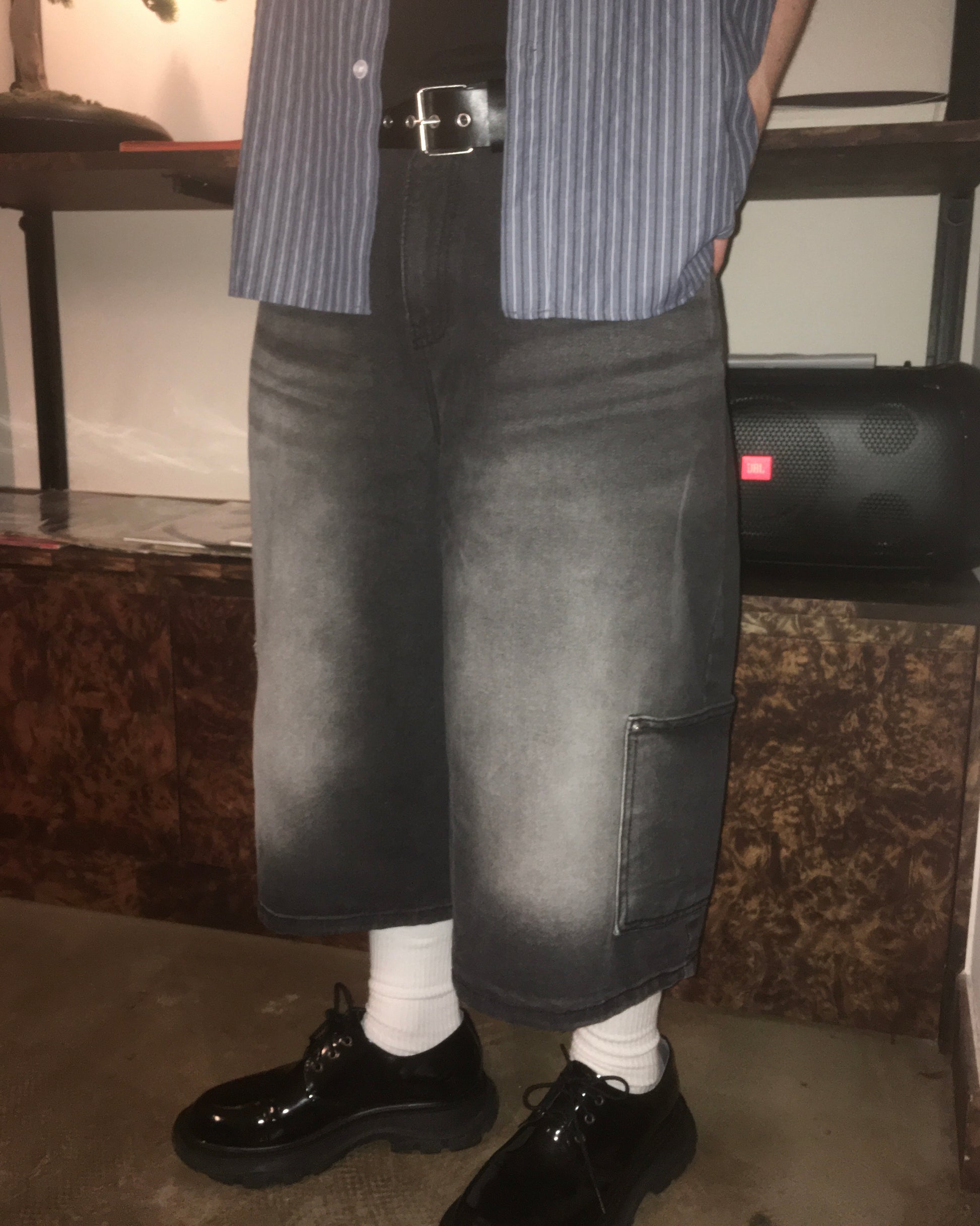 layered pocket bermuda jeans (black) (men wear)
