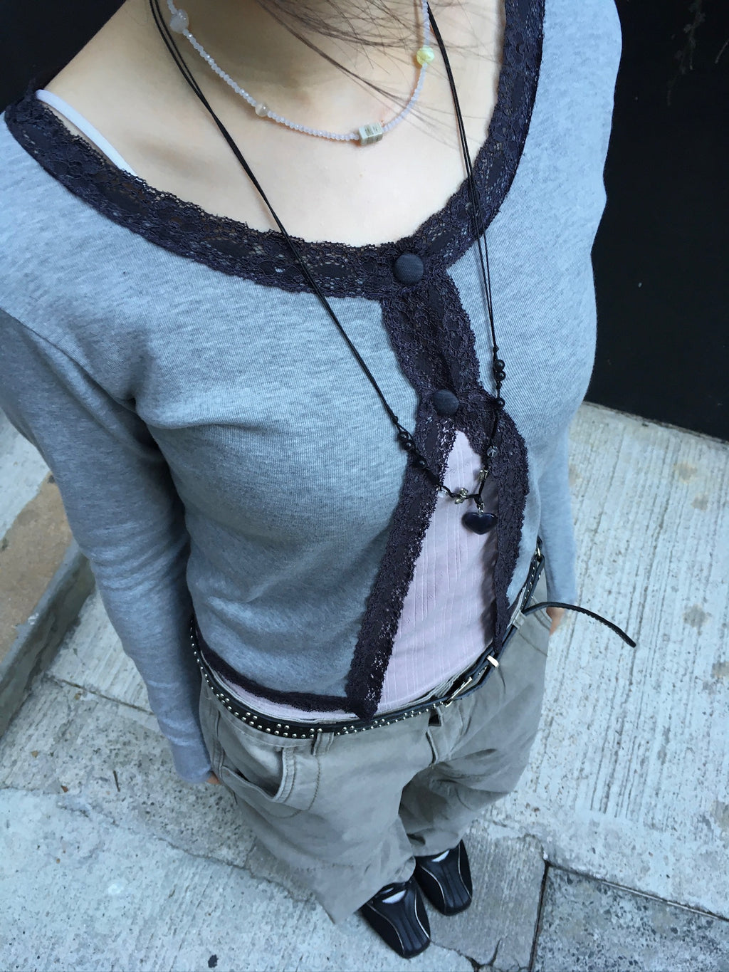 lace trim button cardigan (grey)