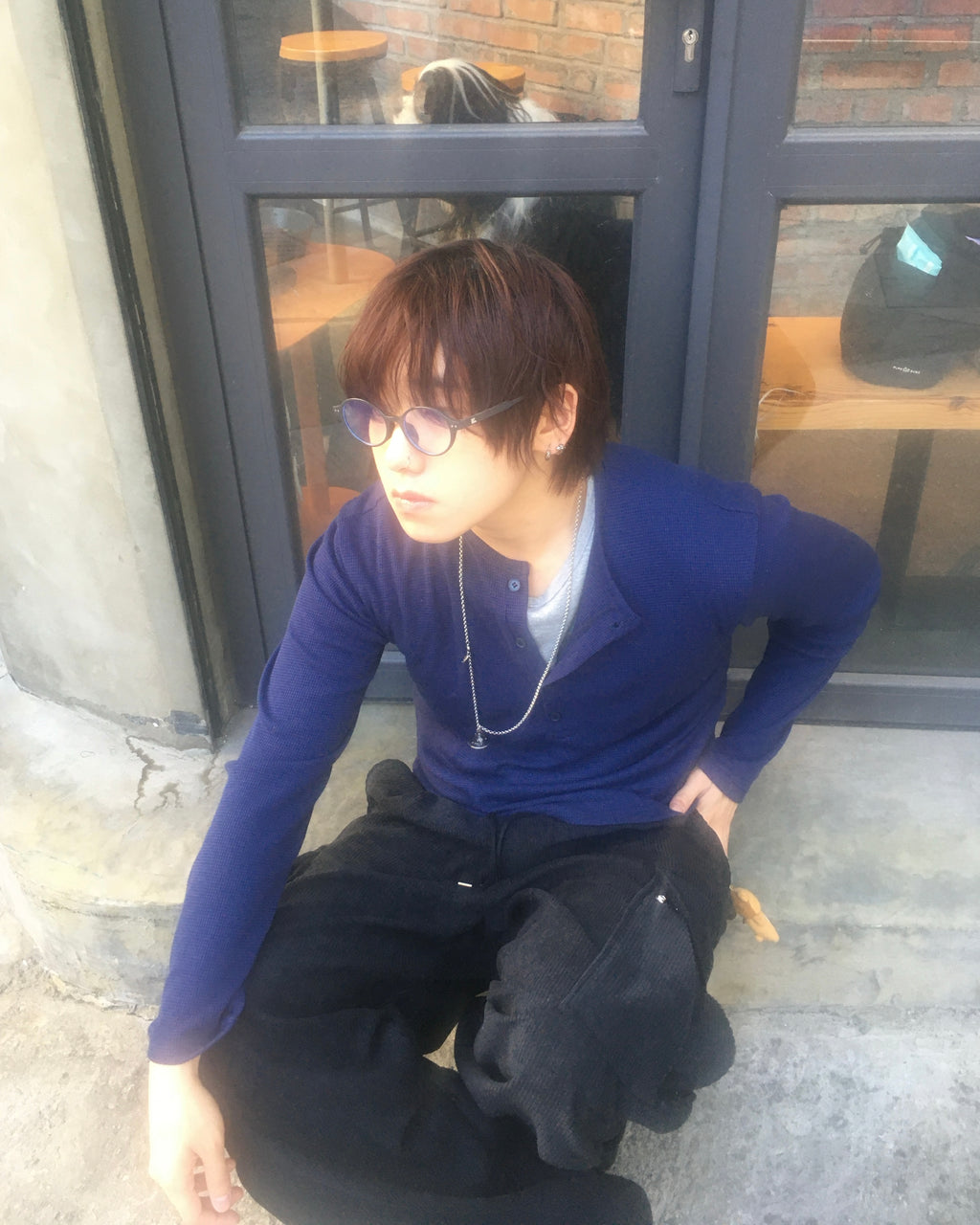 waffle henly neck shirt (navy)