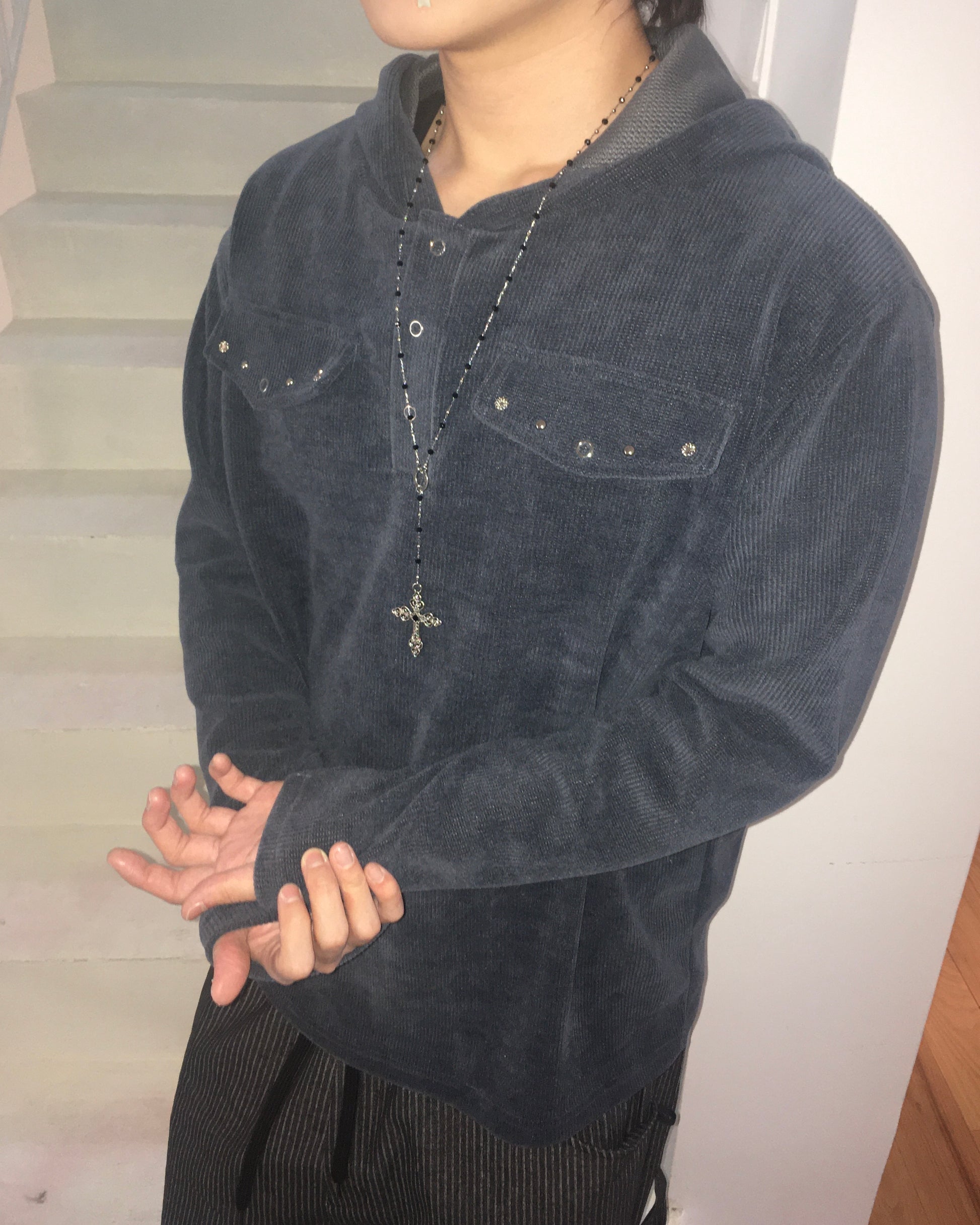 rivet collar hooded shirt (navy)