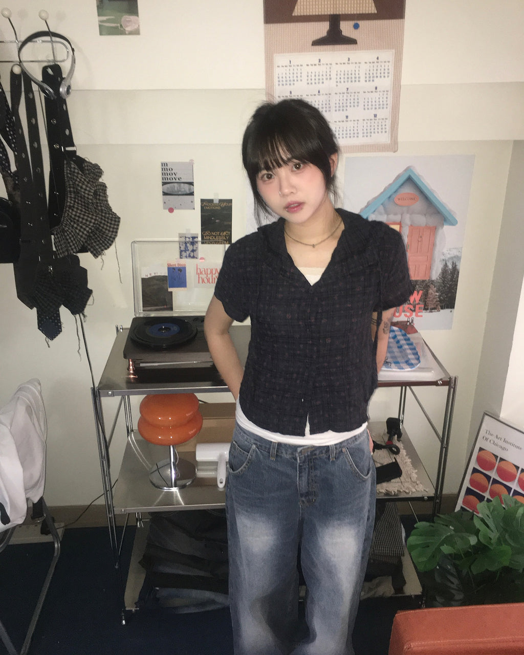 floral checked hood shirt (navy)