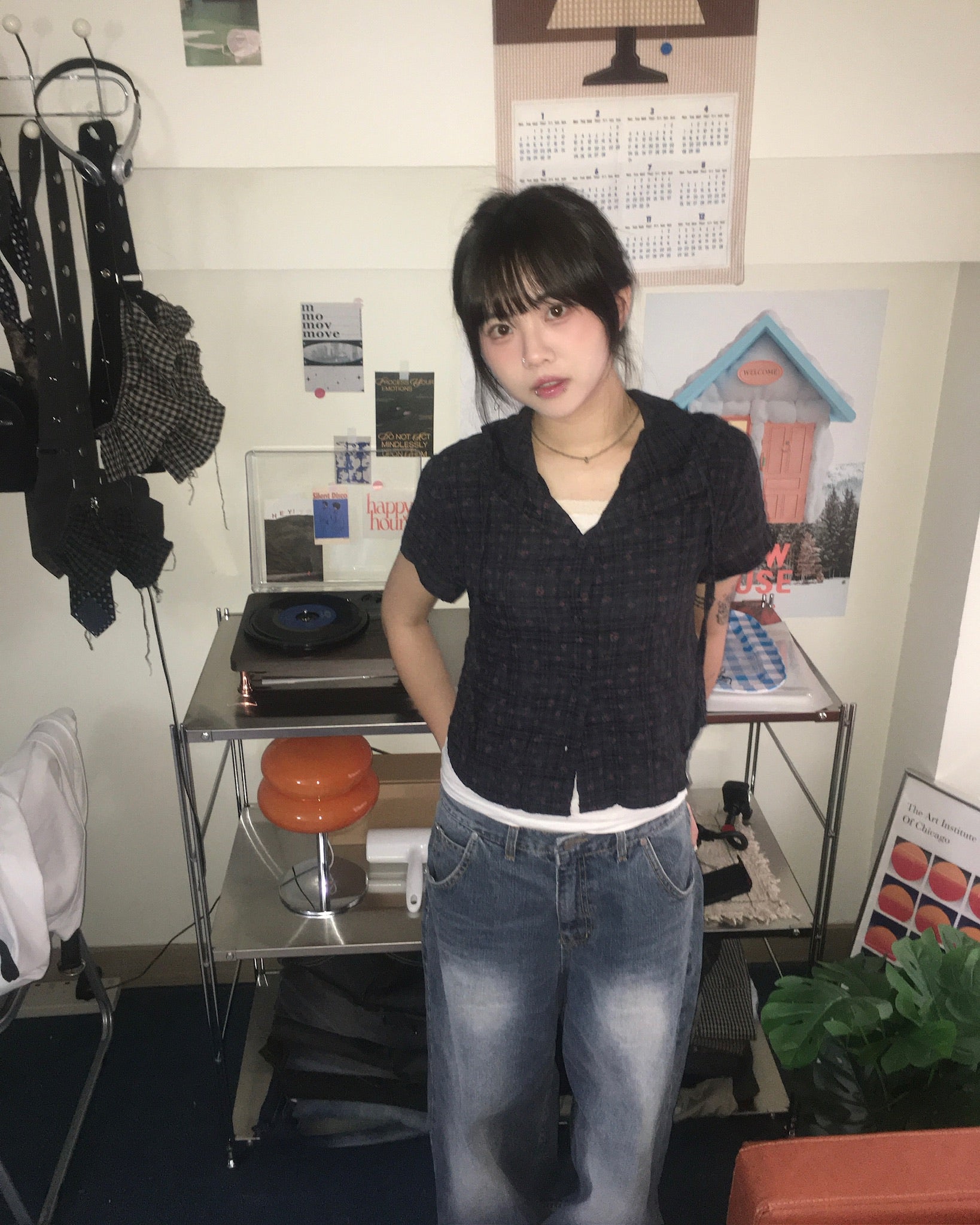 floral checked hood shirt (navy)