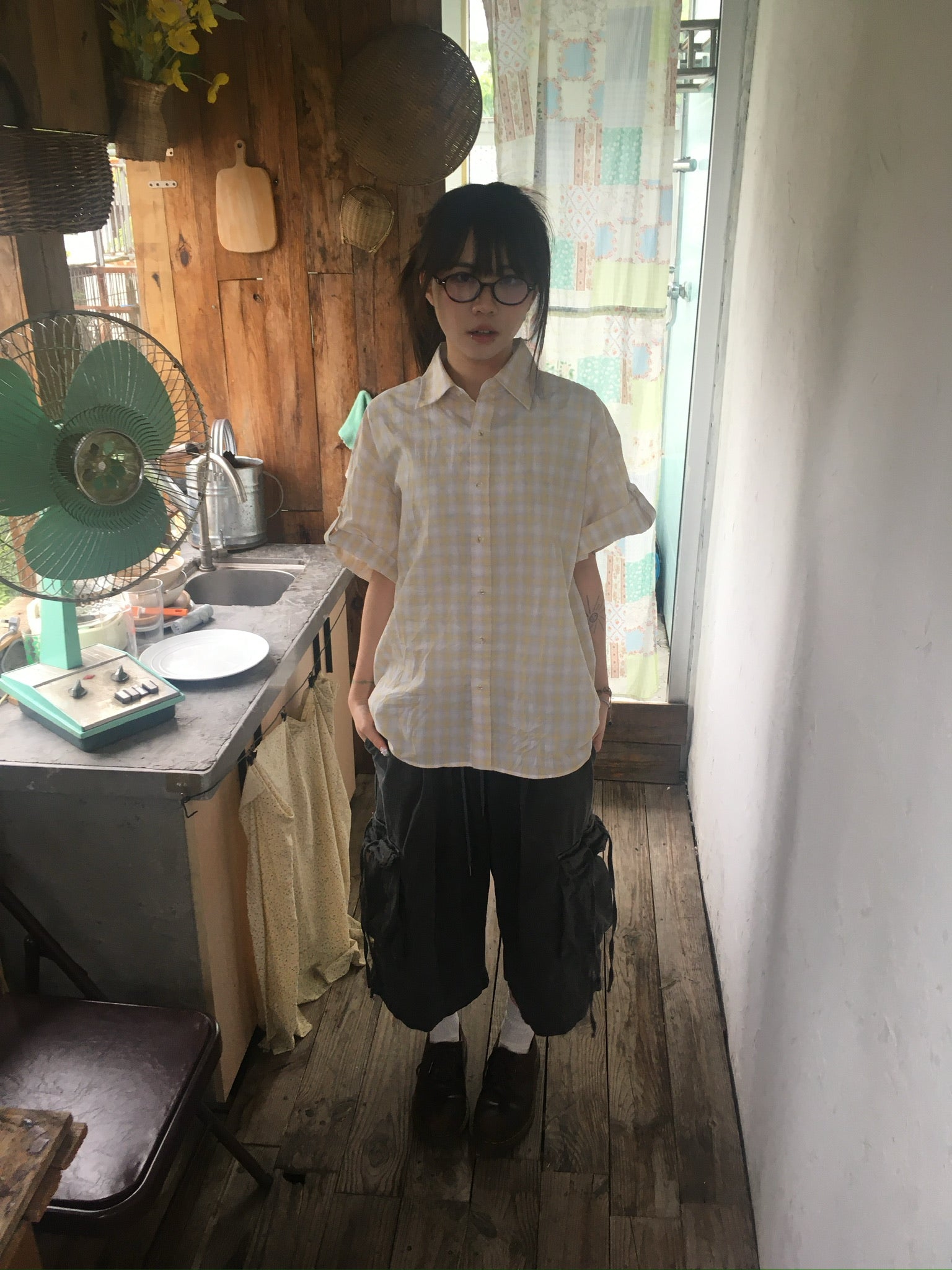 check linen shirt (yellow)