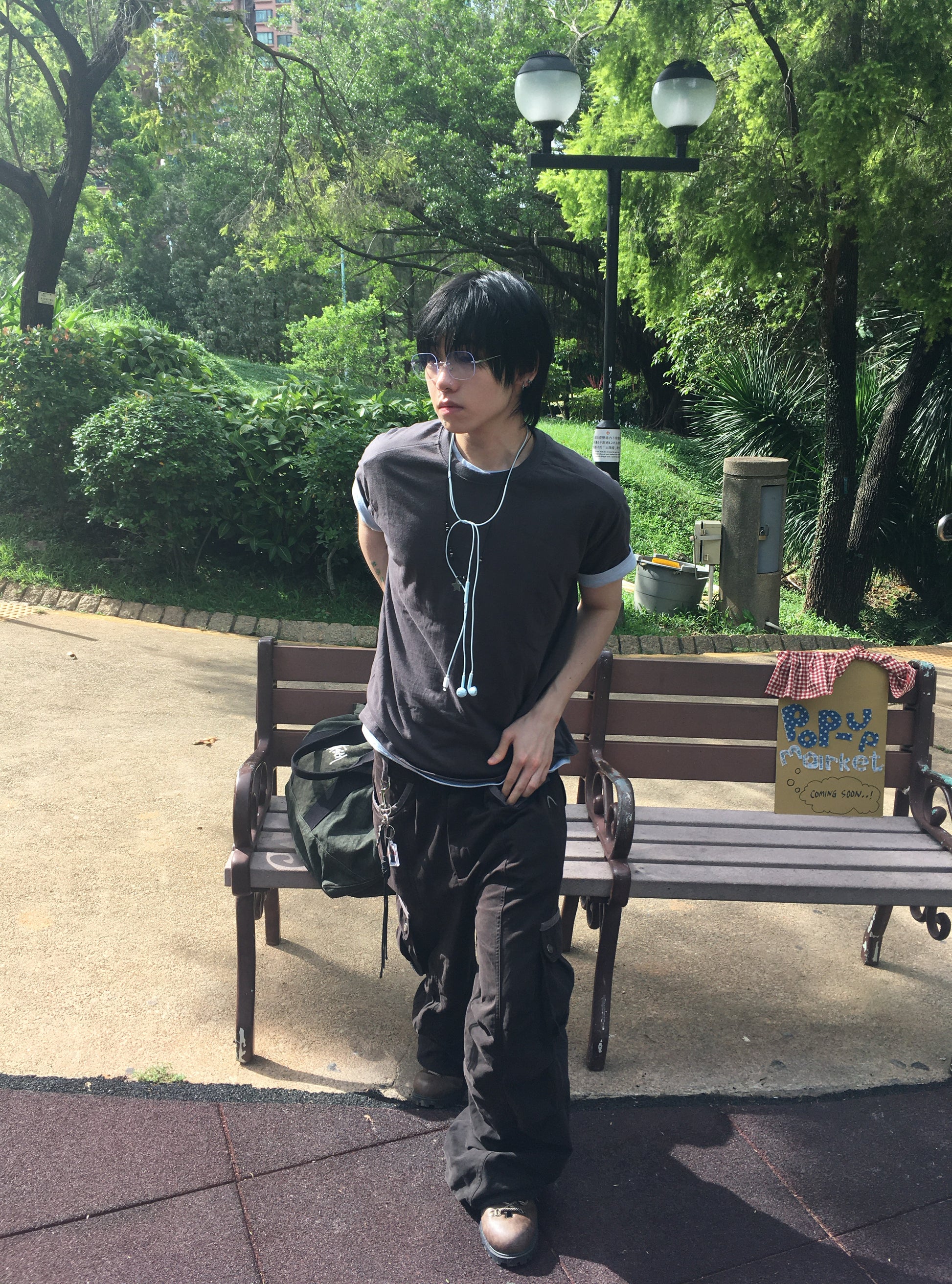 (★1+1) layered crop tee (charcoal+fade blue)
