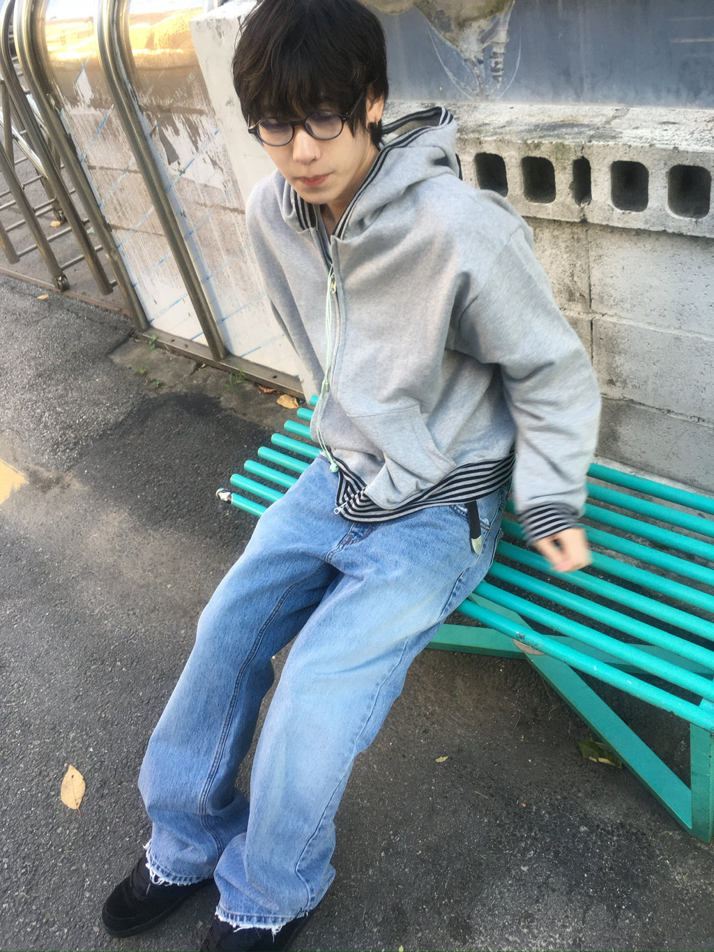 stripe trim hoodie zip up (grey)