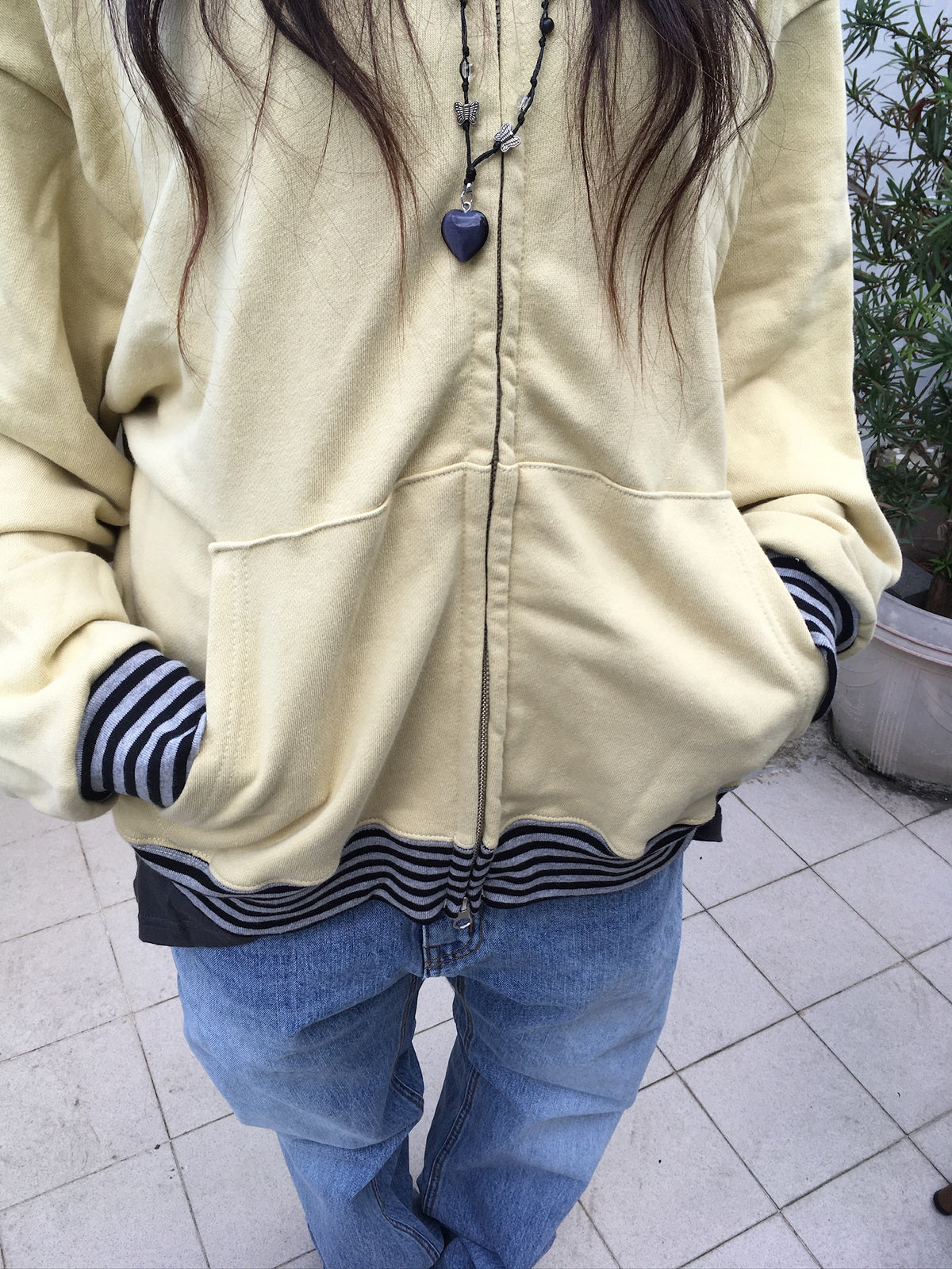 stripe trim hoodie zip up (yellow)