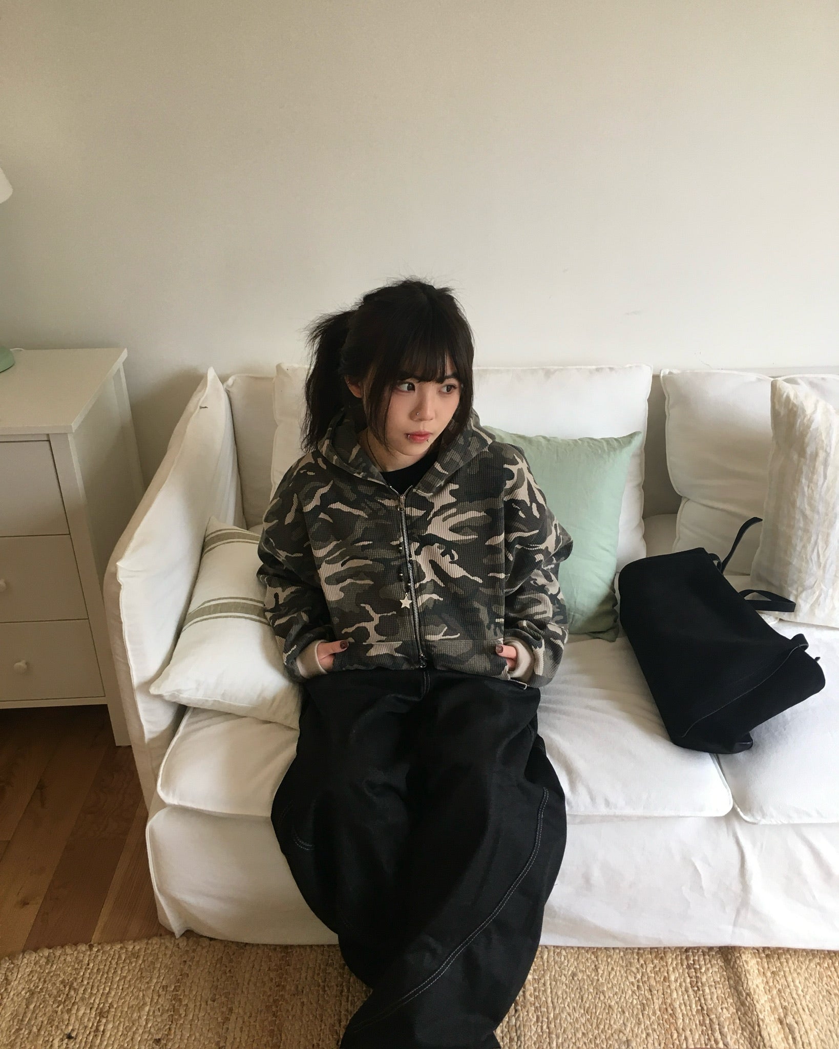 camo waffle zip-up hoodie (beige)