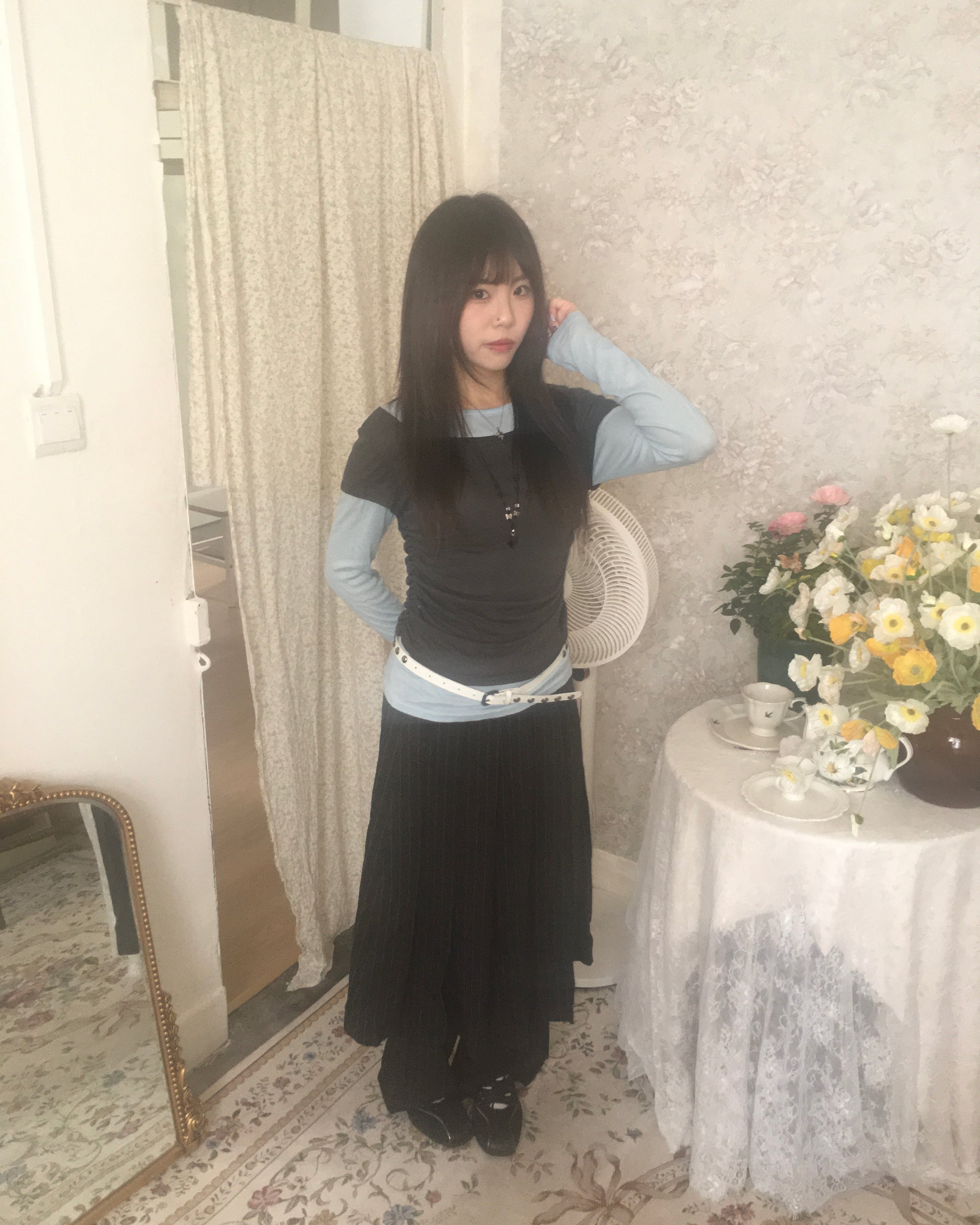 skirt stripe layered pants (black)