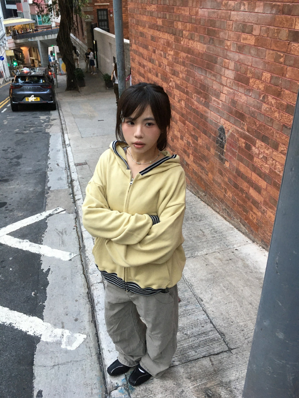 stripe trim hoodie zip up (yellow)