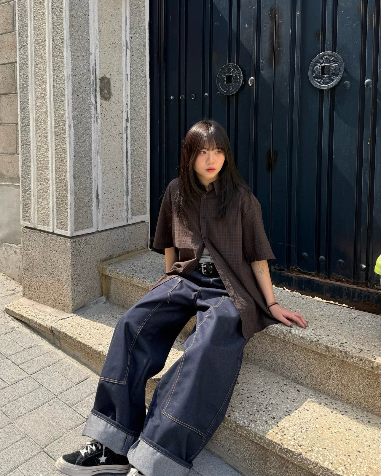 checked nylon shirt (black brown)