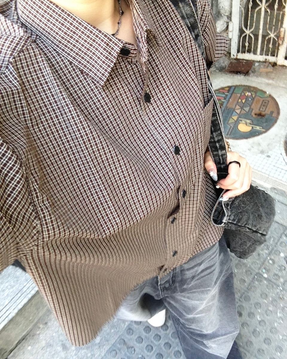 vintage crop checked shirt (brown)