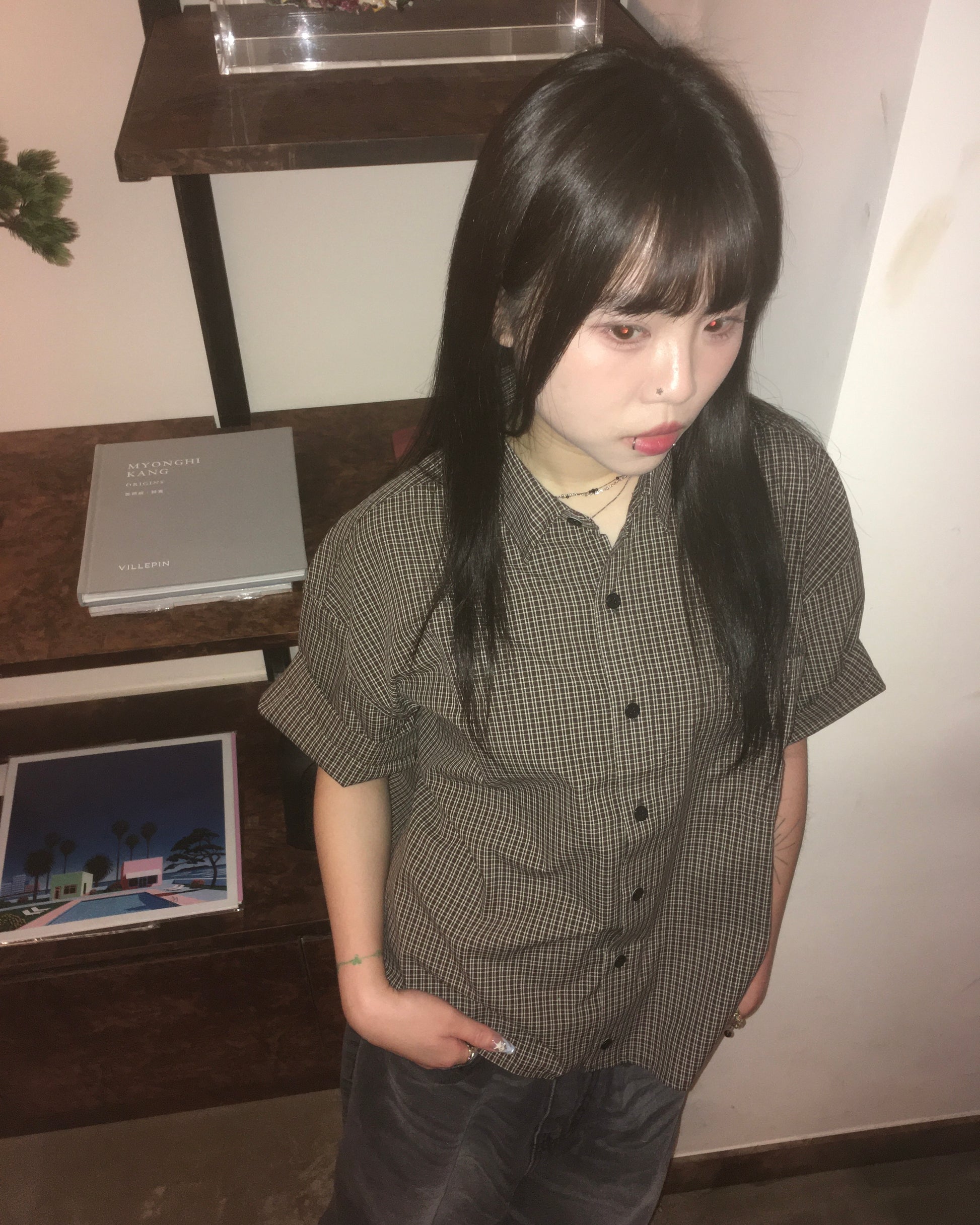 vintage crop checked shirt (brown)