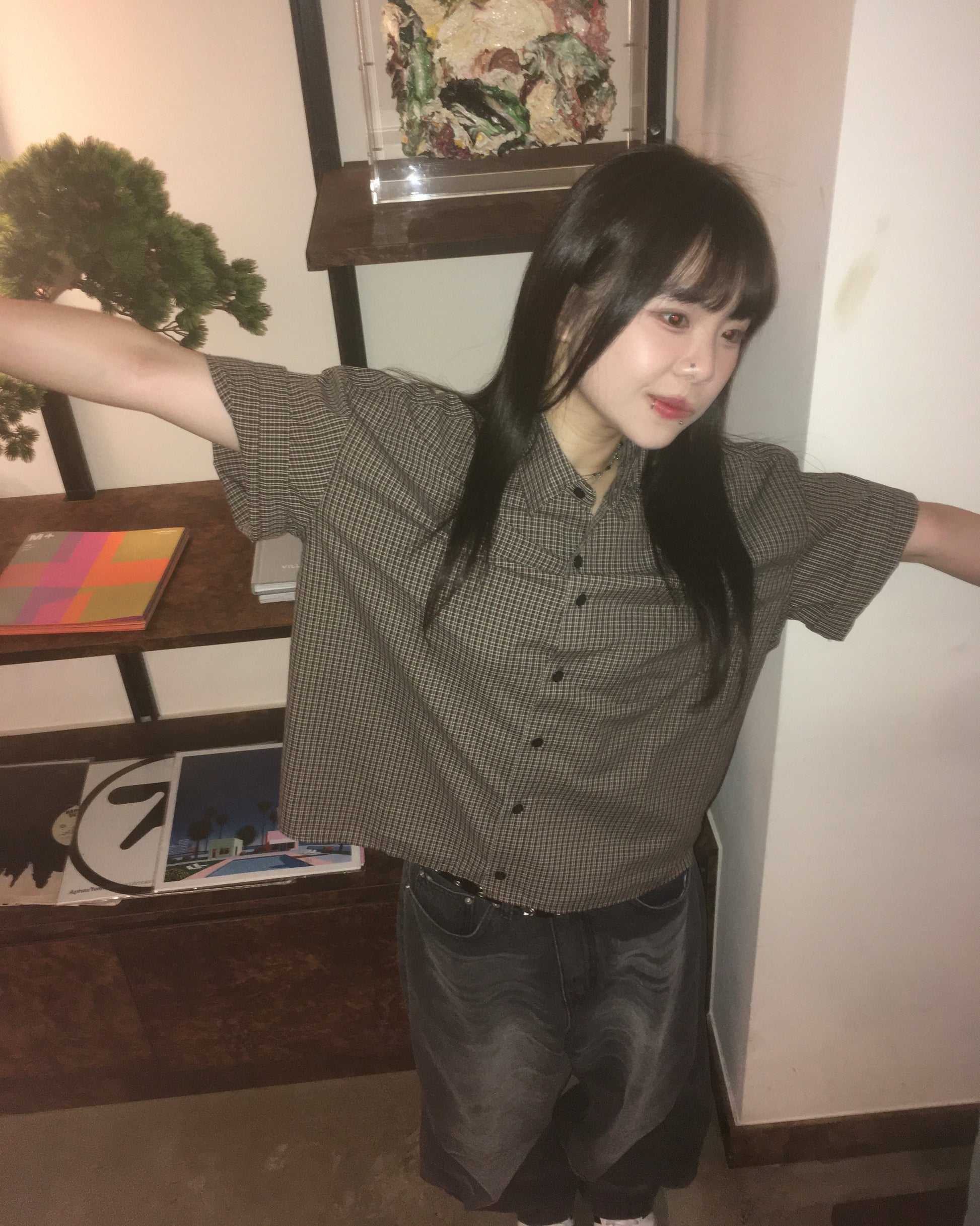 vintage crop checked shirt (brown)
