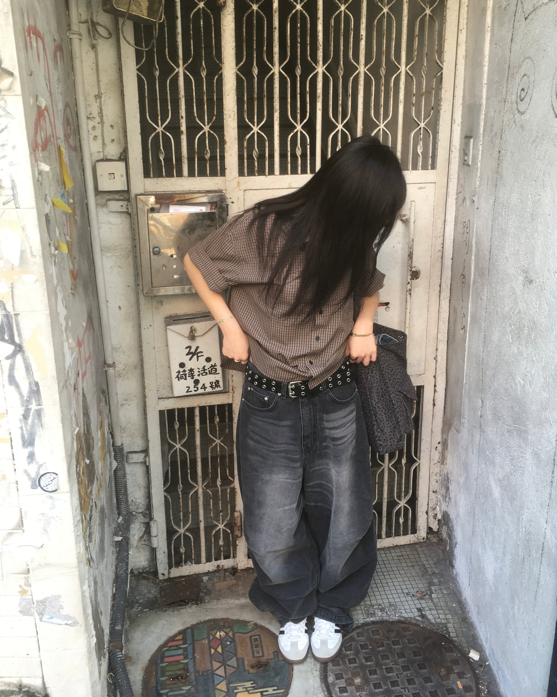 vintage crop checked shirt (brown)