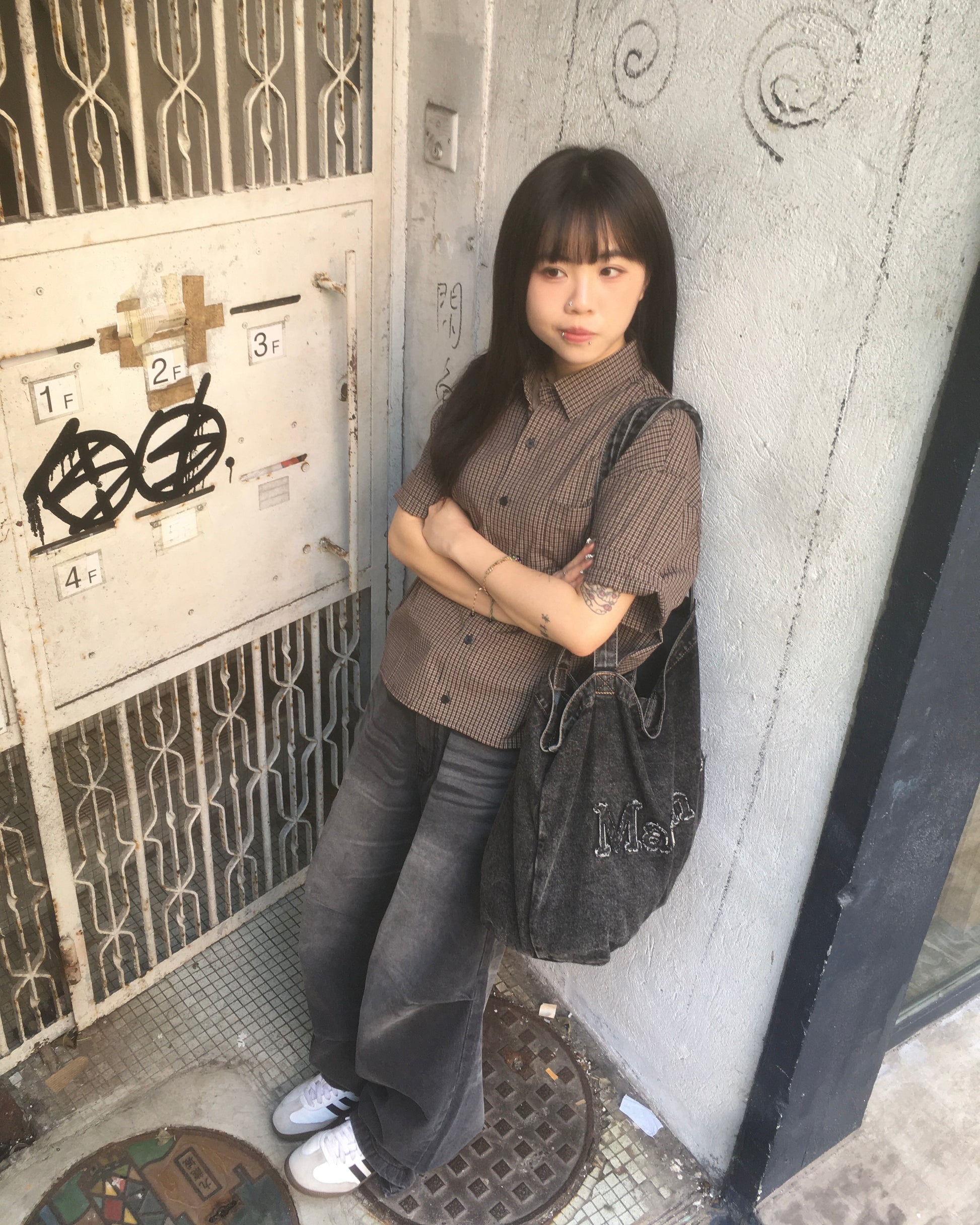vintage crop checked shirt (brown)