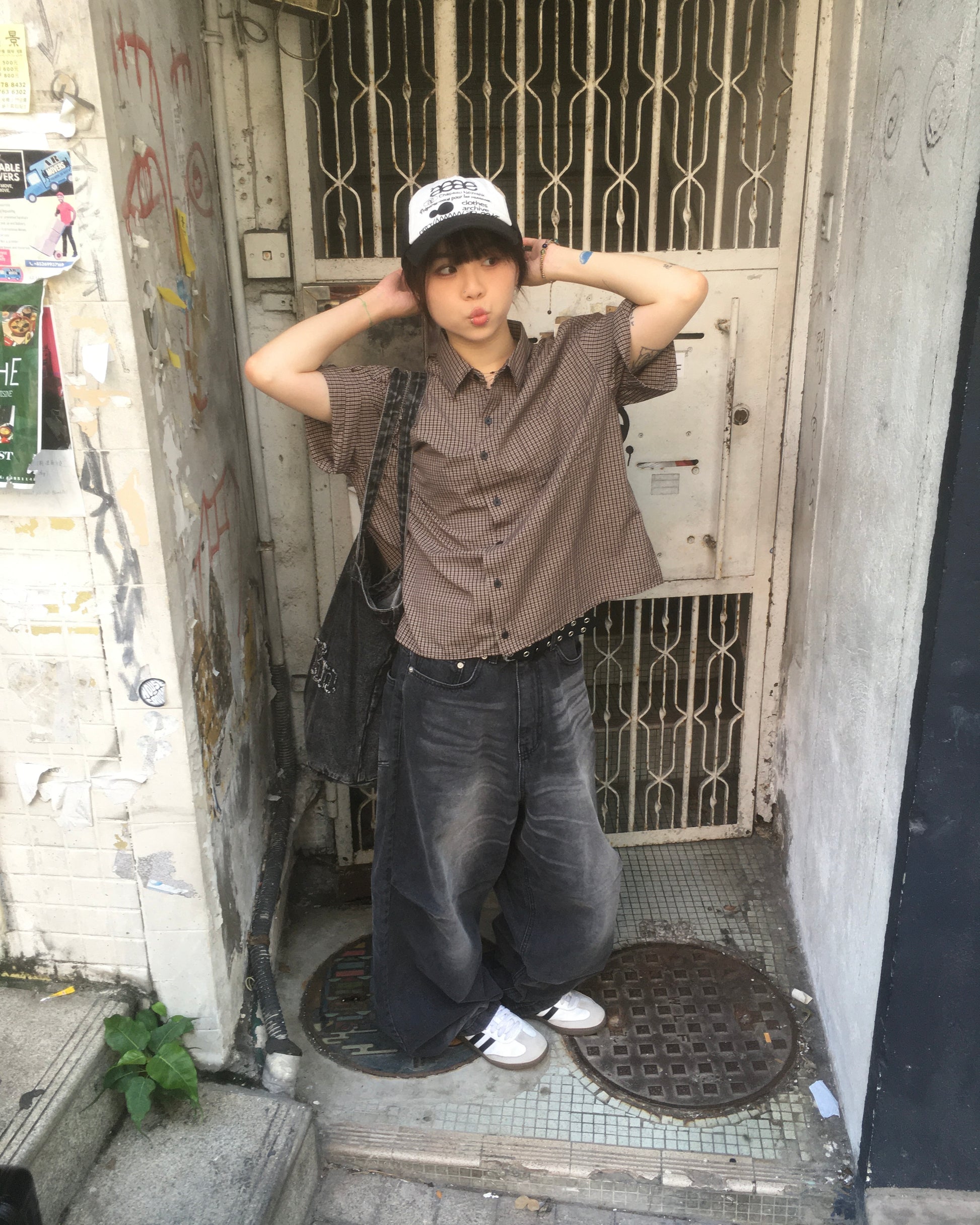 vintage crop checked shirt (brown)