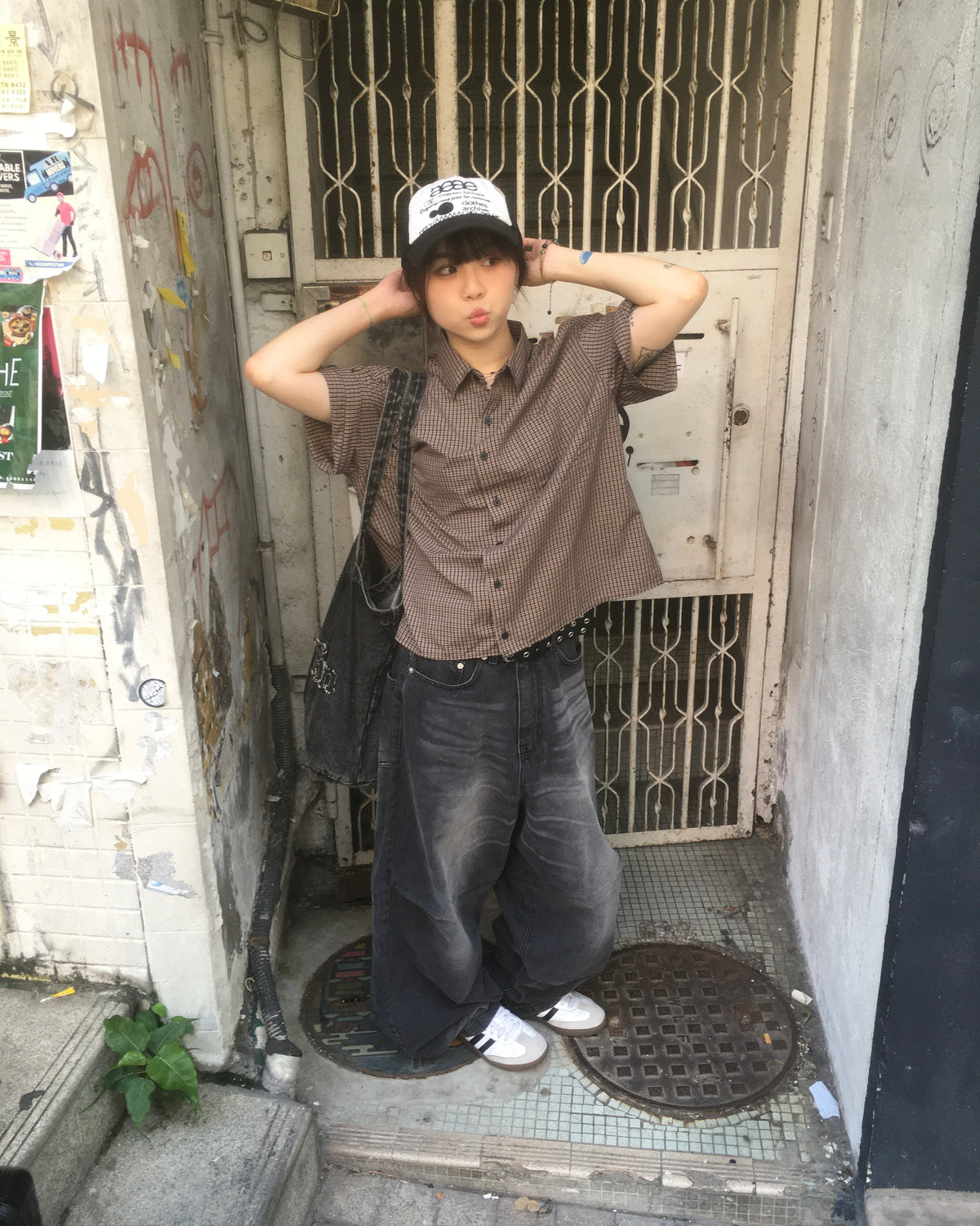 vintage crop checked shirt (brown)