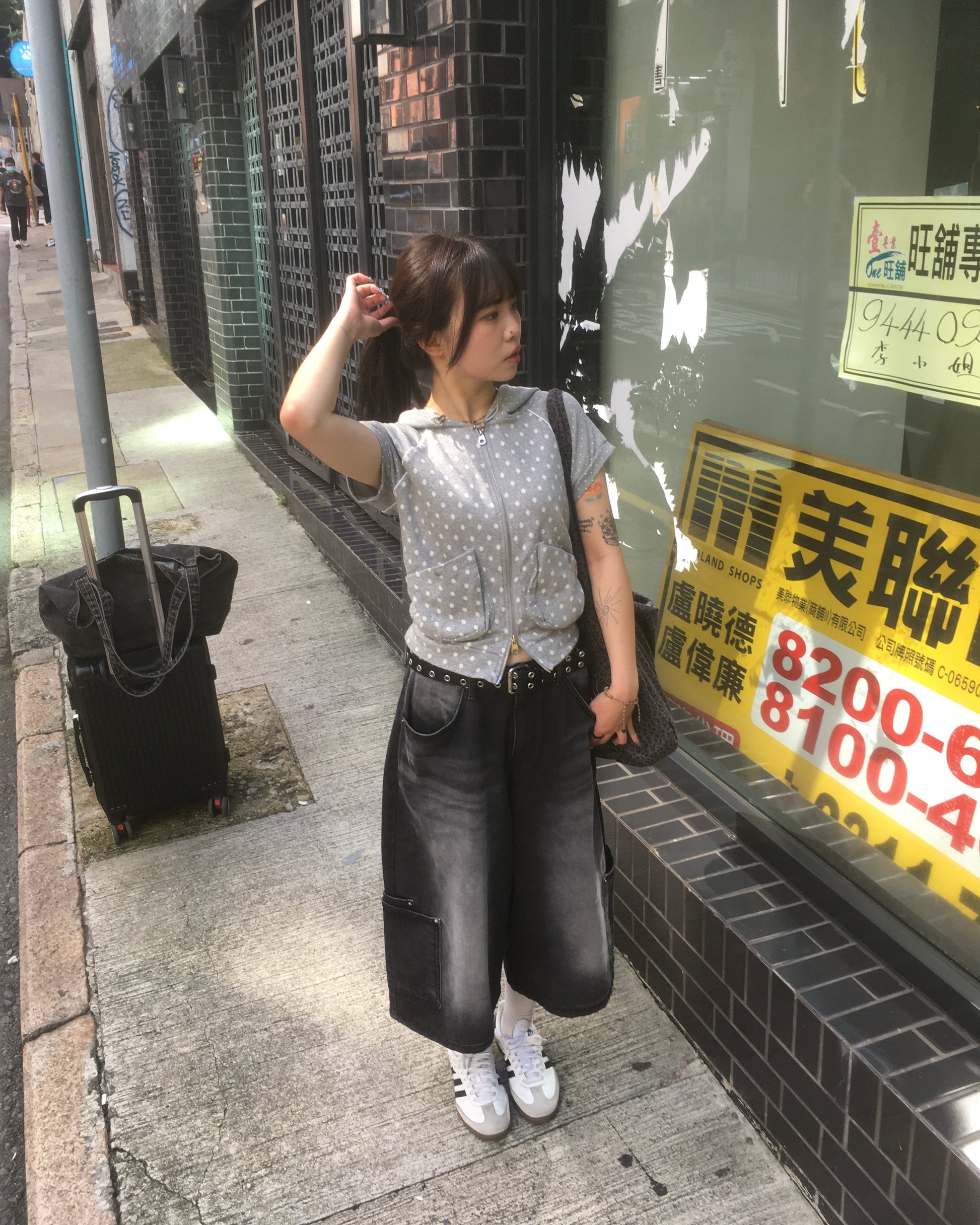 dot short sleeves hoodie zip-up (grey)