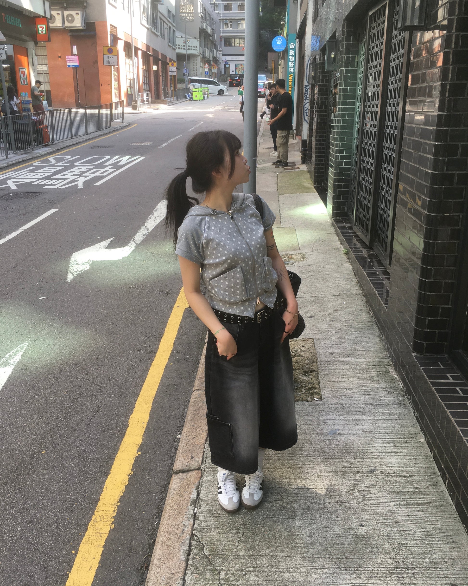 dot short sleeves hoodie zip-up (grey)