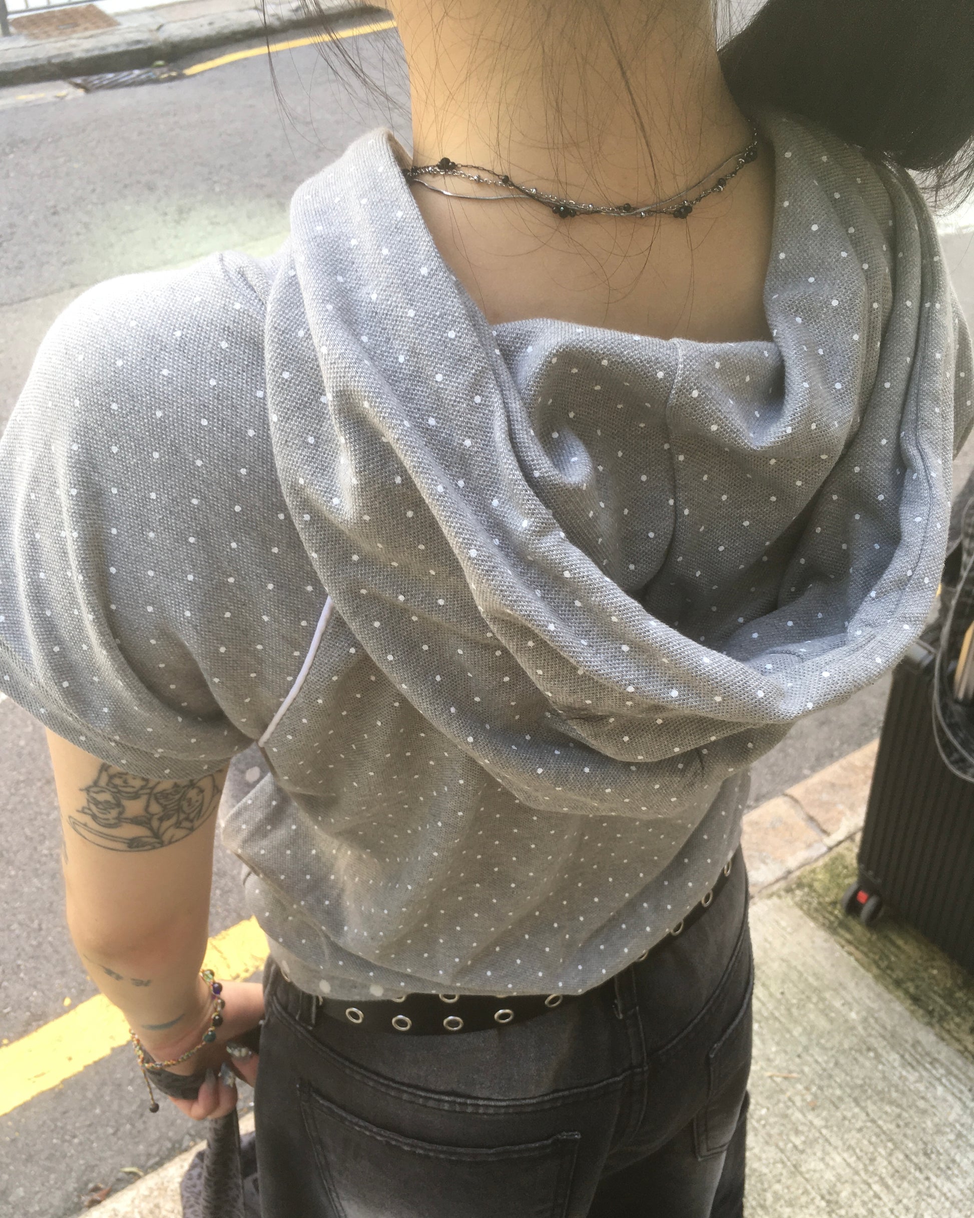 dot short sleeves hoodie zip-up (grey)
