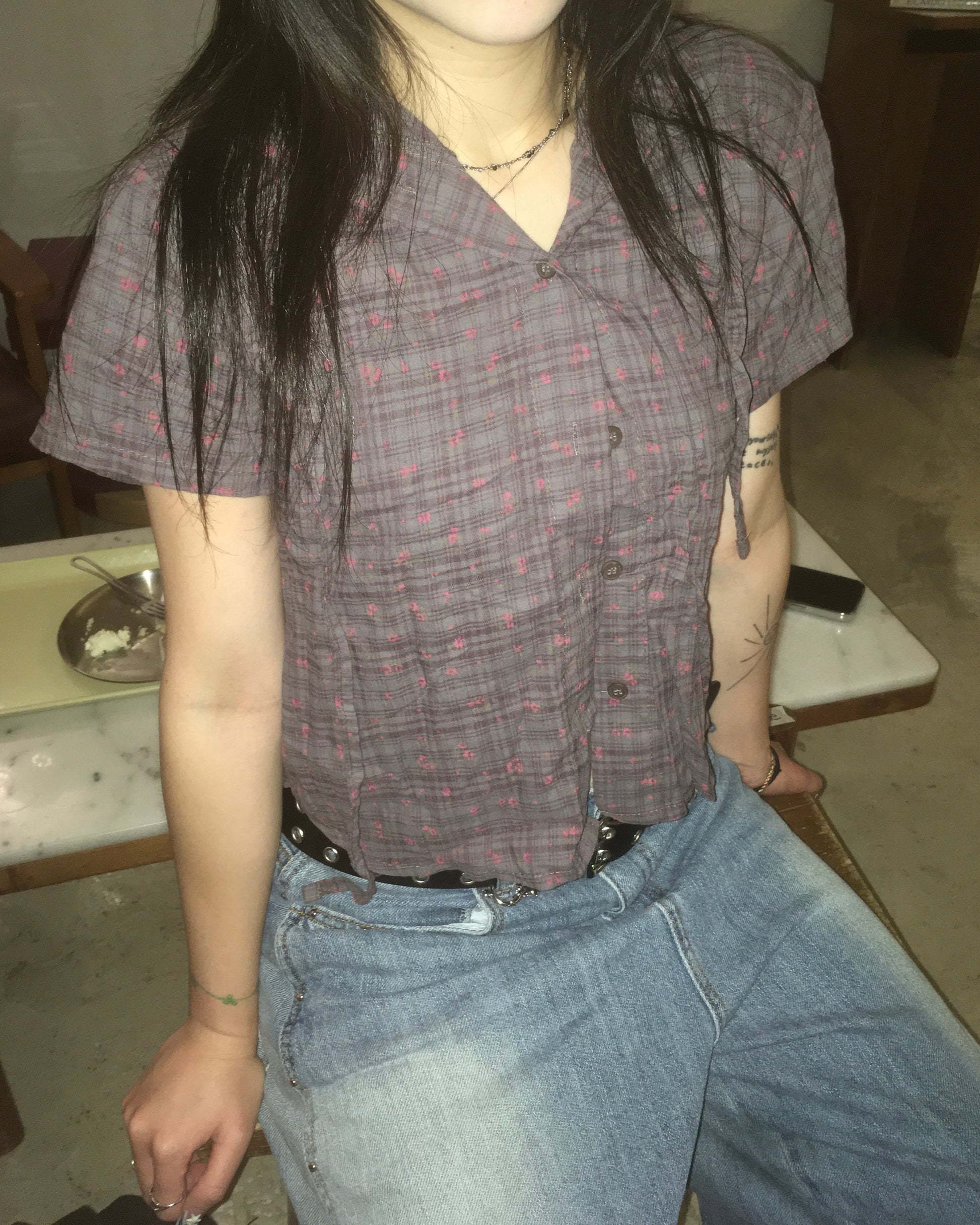 floral checked hood shirt (purple)