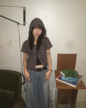 (in stock) floral checked hood shirt (purple)