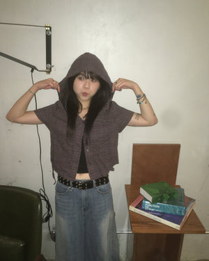 (in stock) floral checked hood shirt (purple)