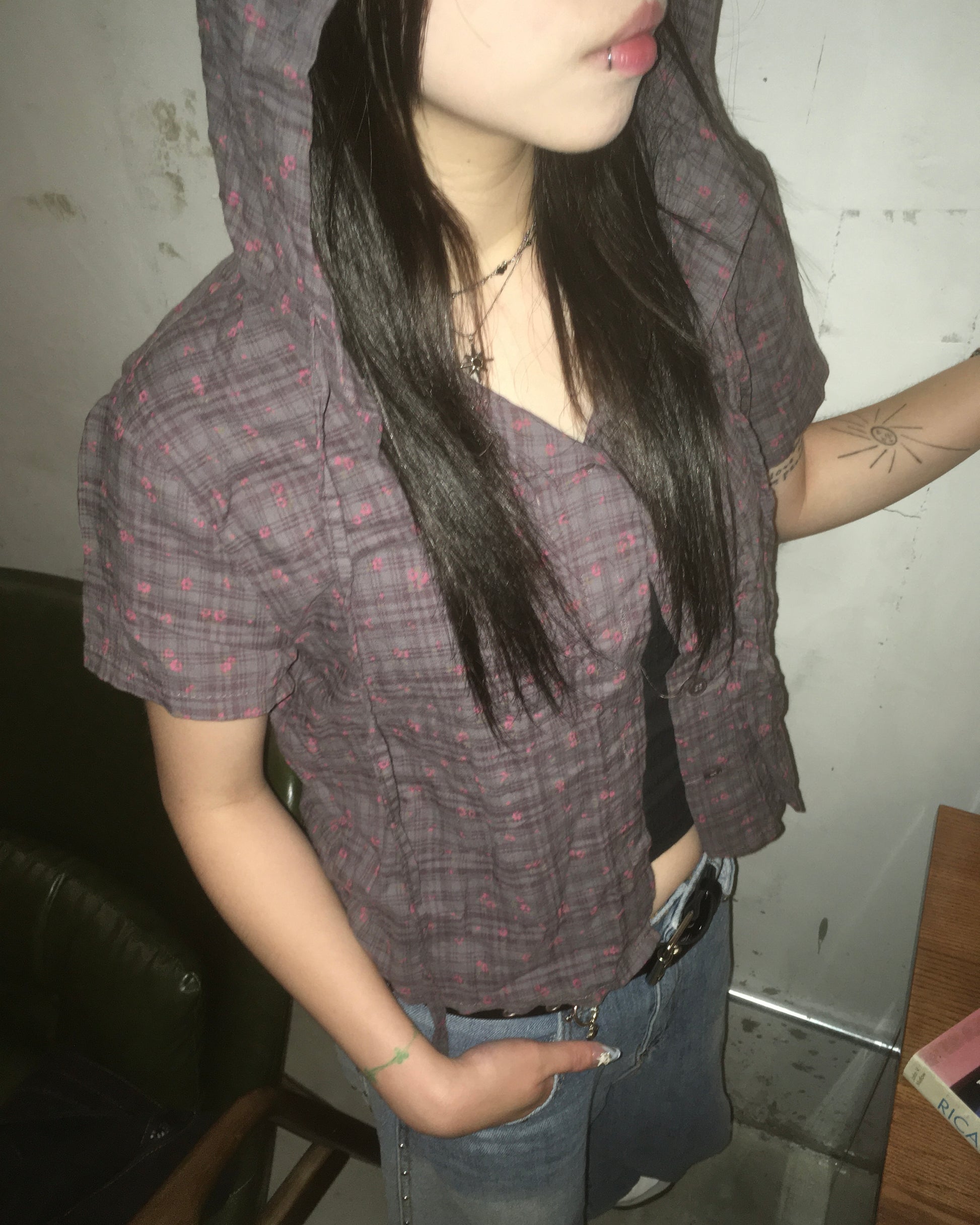 floral checked hood shirt (purple)