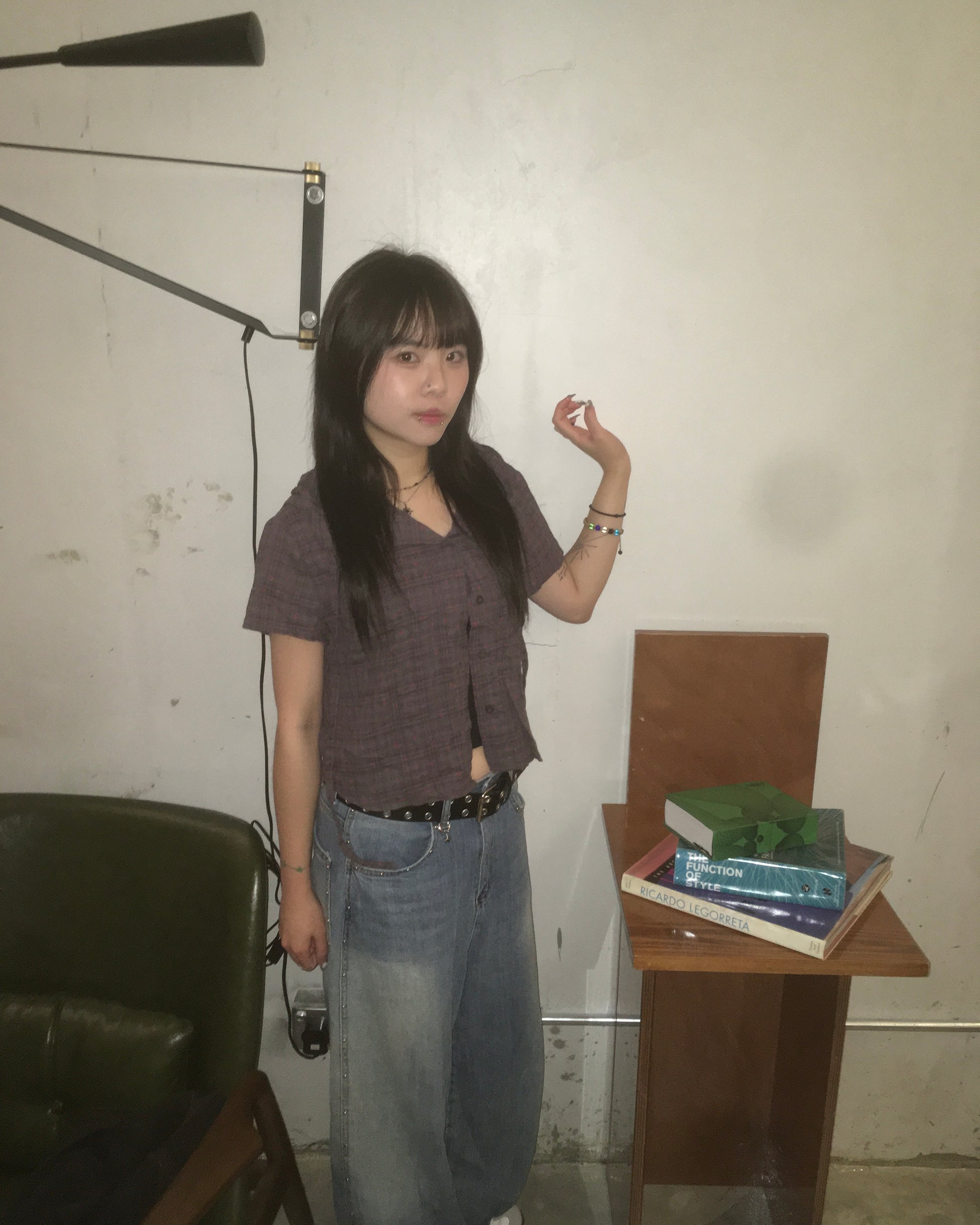 floral checked hood shirt (purple)