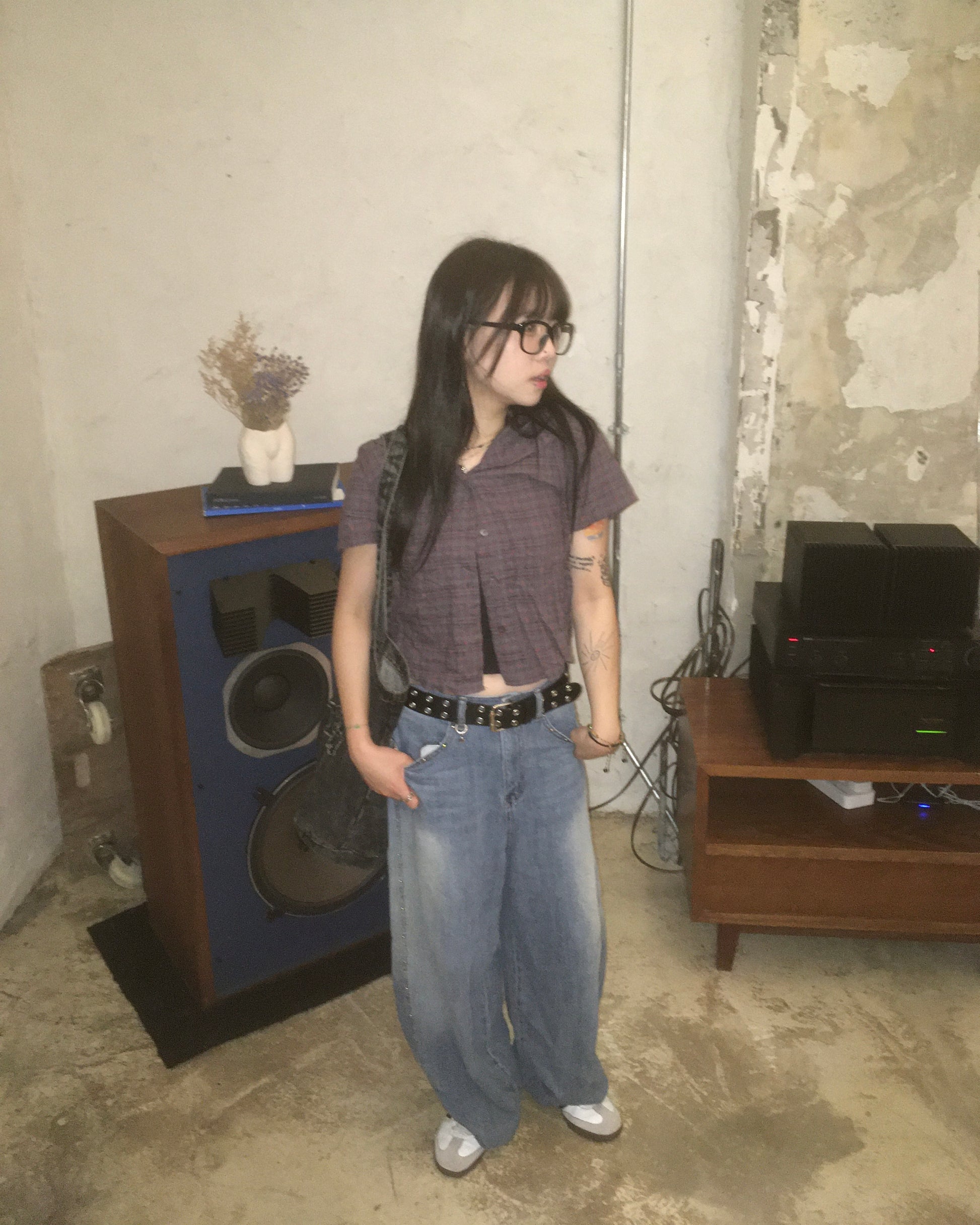 floral checked hood shirt (purple)