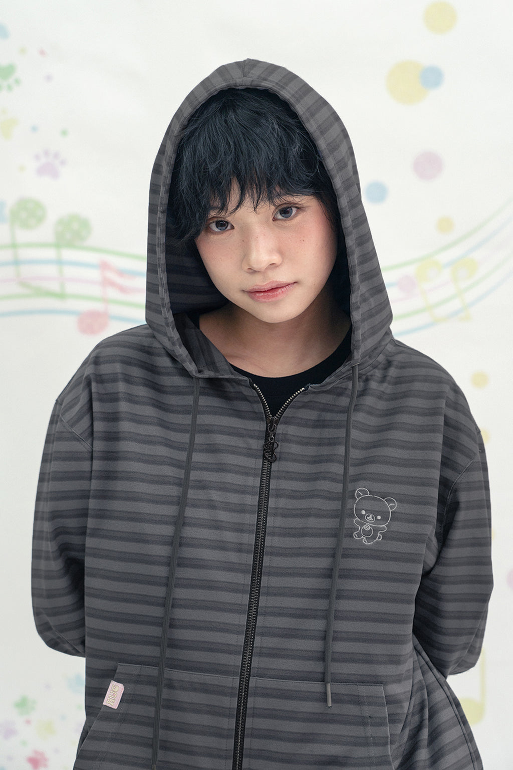 HUGYOURSKIN STRIPE KORILAKKUMA HOODIE ZIP-UP (CHARCOAL)