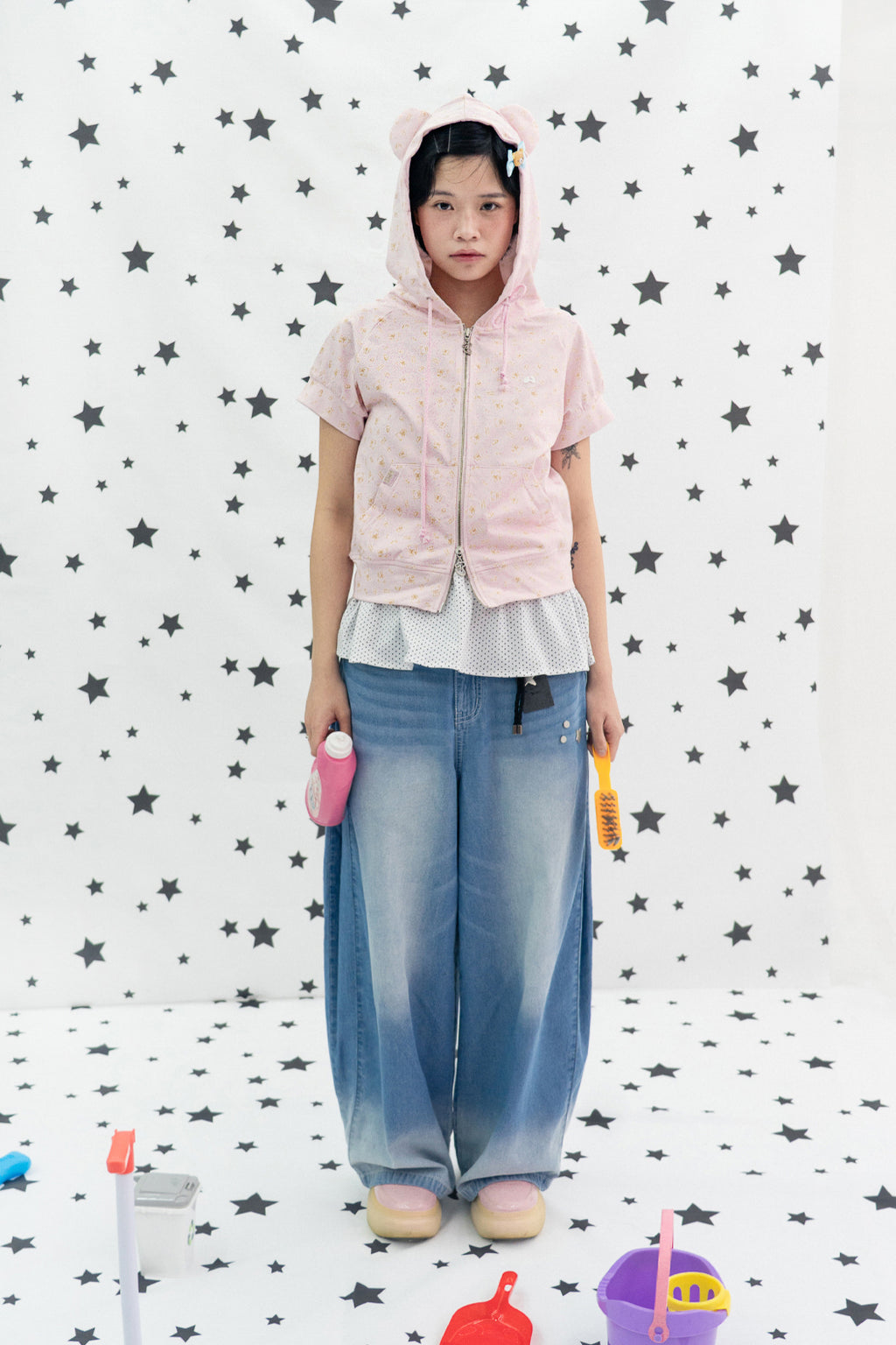 HUGYOURSKIN KORILAKKUMA PRINTED HOODIE ZIP-UP (PINK)