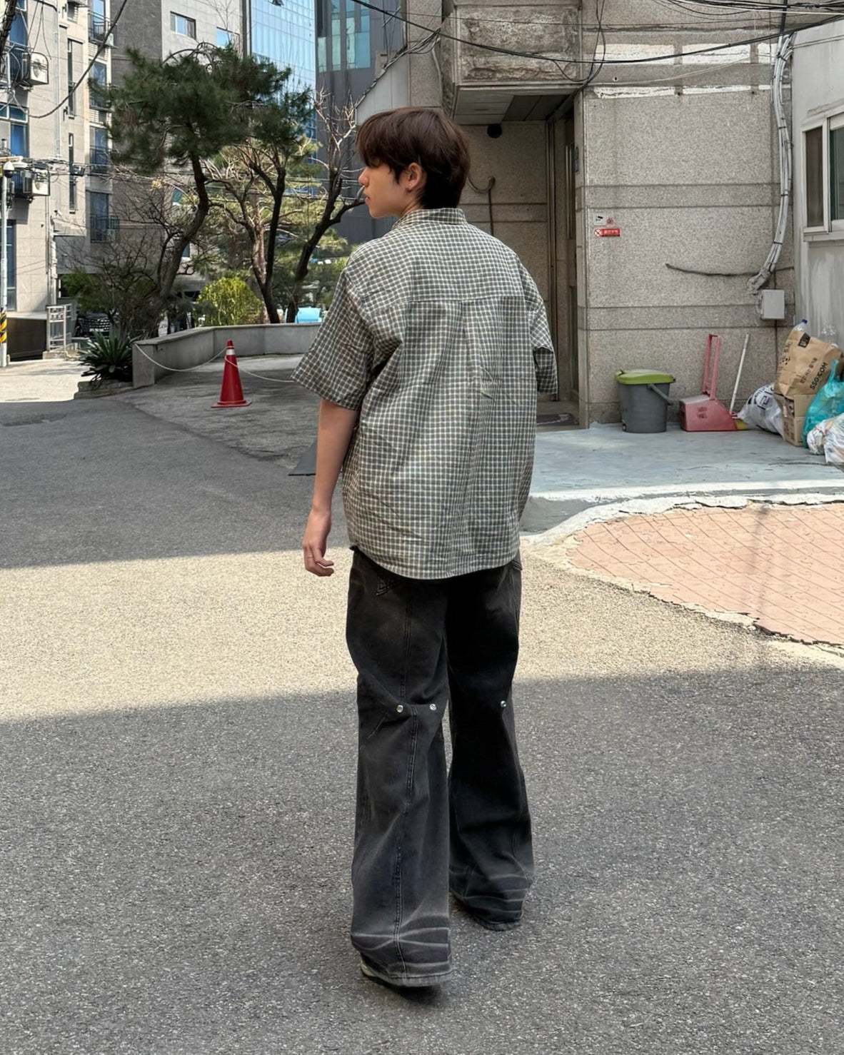 checked nylon shirt (khaki blue)
