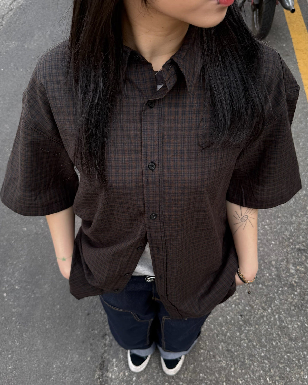 checked nylon shirt (black brown)