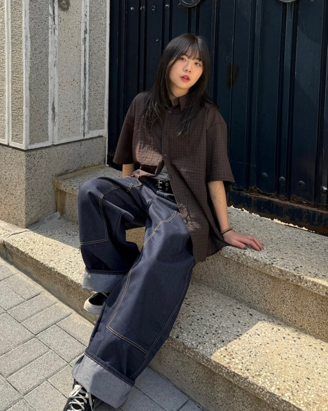 checked nylon shirt (black brown)