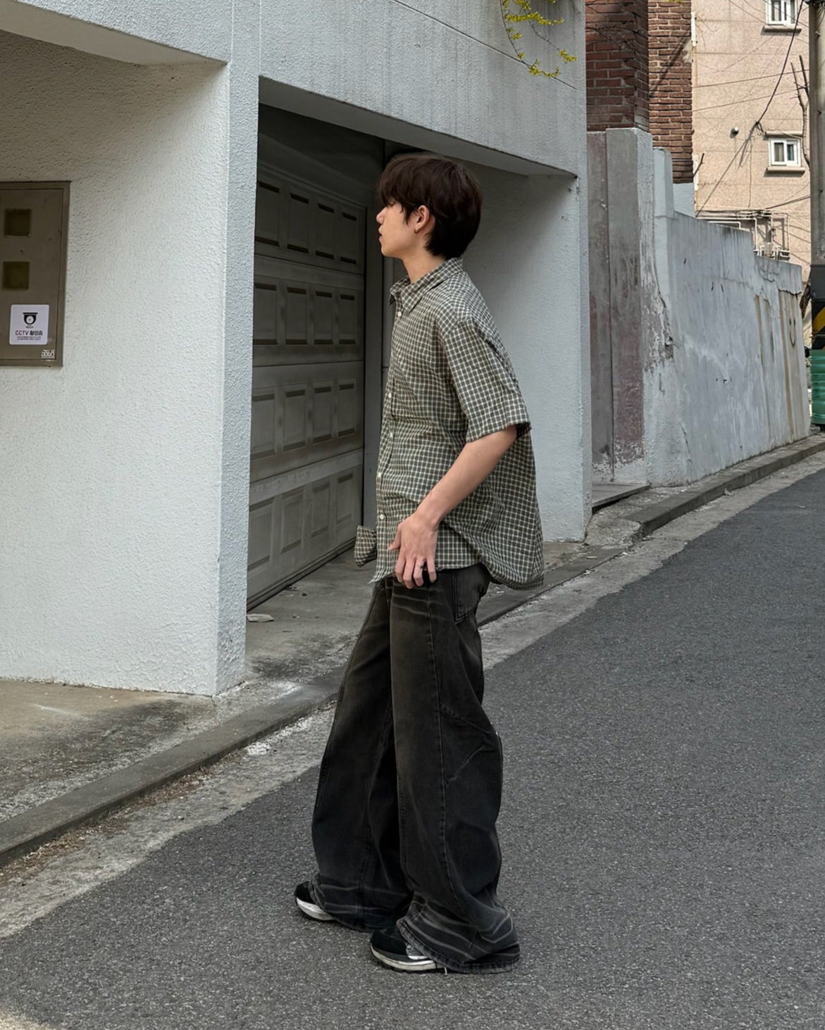 checked nylon shirt (khaki blue)