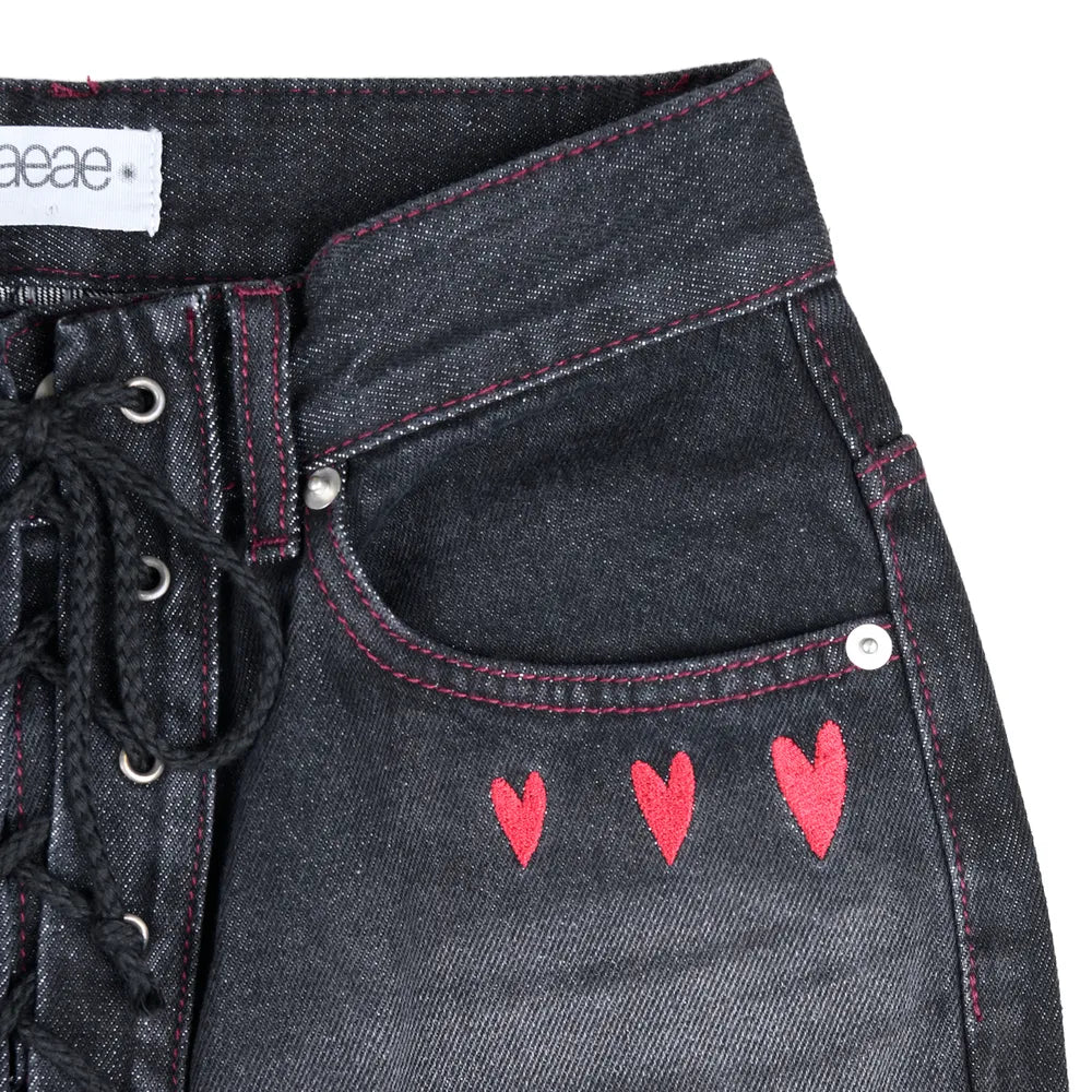 AEAE Heart Embroidery Jeans-(BLACK)