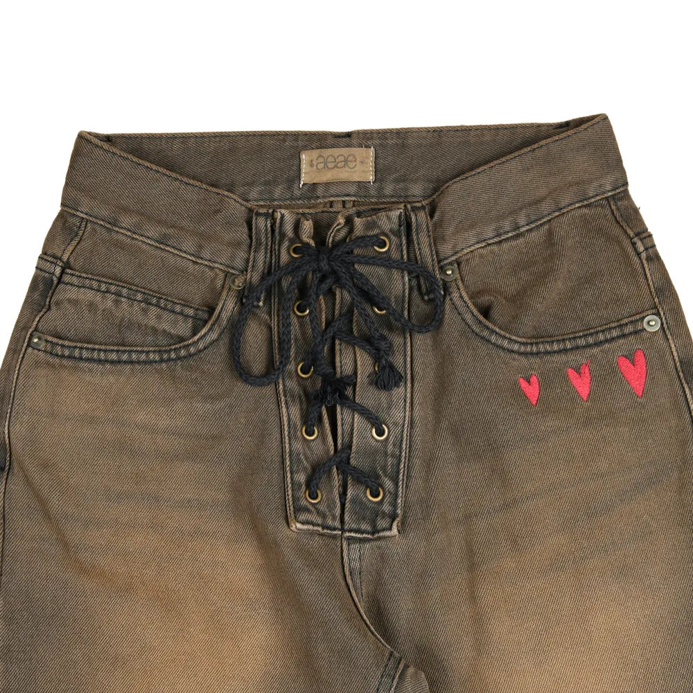 AEAE Heart Embroidery Jeans-(BROWN)